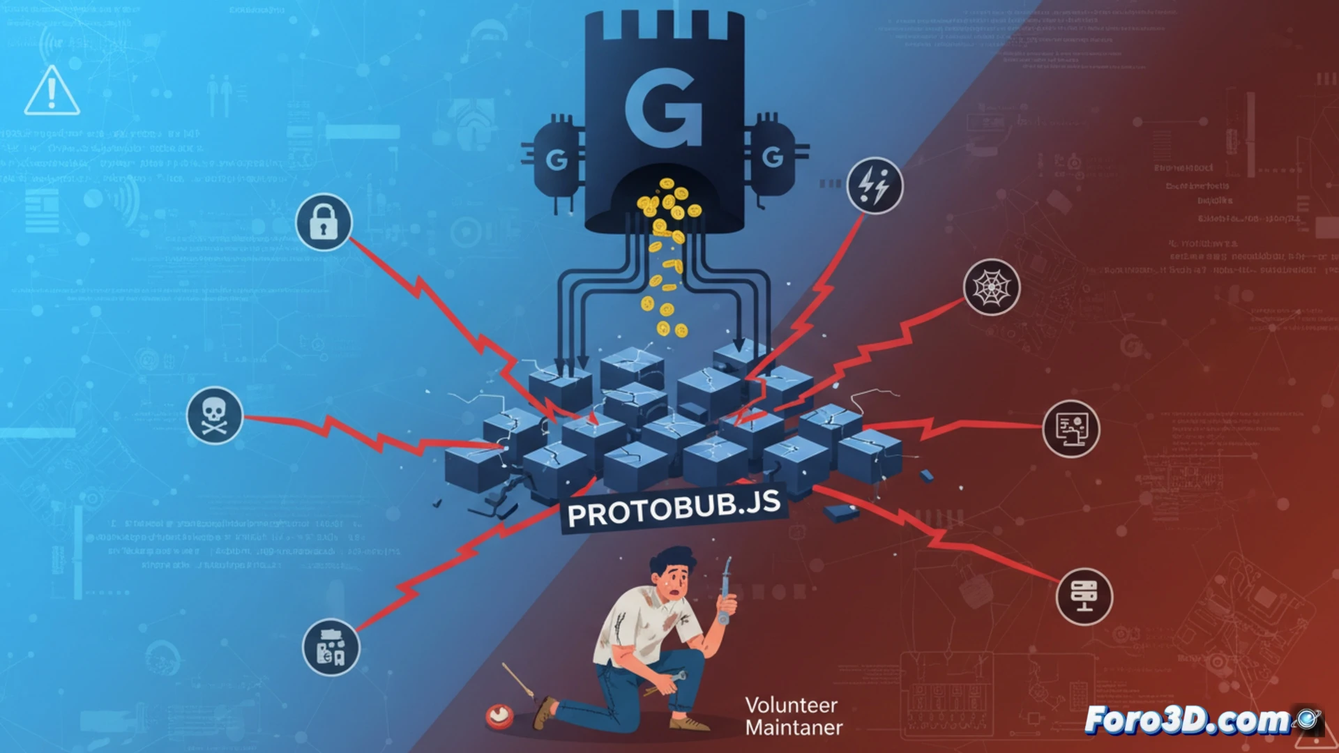 protobuf.js library code being attacked by glowing red exploit arrows piercing through six cracked shield icons, Node.js logo in background fading, volunteer developer silhouette behind a laptop with empty coffee cups and no funding, Google logo hovering above untouched, dramatic cinematic lighting, dark coding environment with floating binary data streams, technical illustration style, high contrast, cyberpunk color palette, action showing security breach in progress, photorealistic engineering visualization
