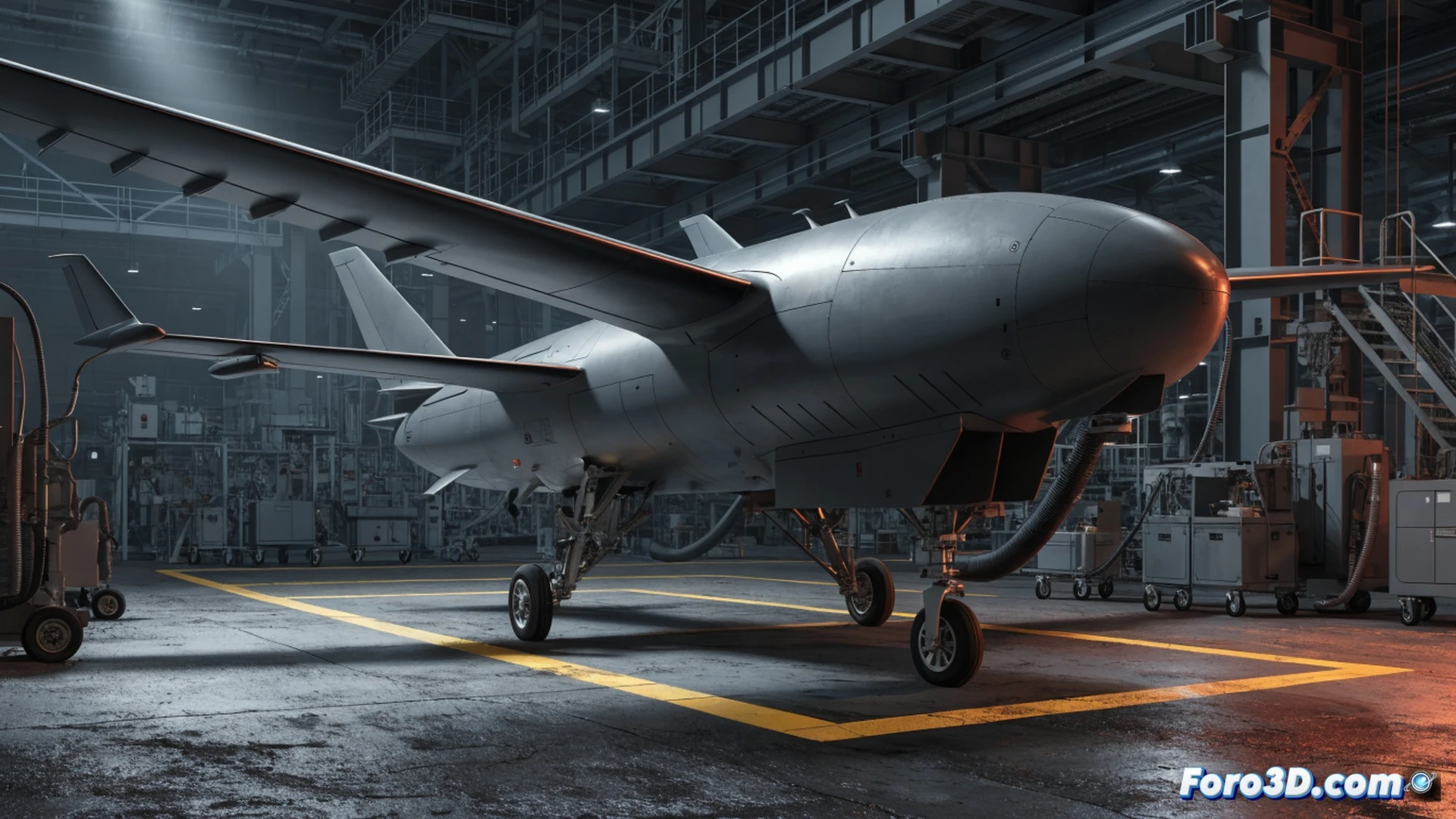 Airbus SIRTAP drone ground test at Getafe airbase, military aircraft braking system verification, wheels locked on tarmac with visible dust trails, navigation antennas glowing under inspection lights, engineers in protective gear monitoring telemetry screens, hangar interior with technical scaffolding, cinematic engineering visualization, metallic grey fuselage, angular wings, realistic industrial lighting, photorealistic aerospace render, action during brake torque measurement, showing data cables connected to landing gear