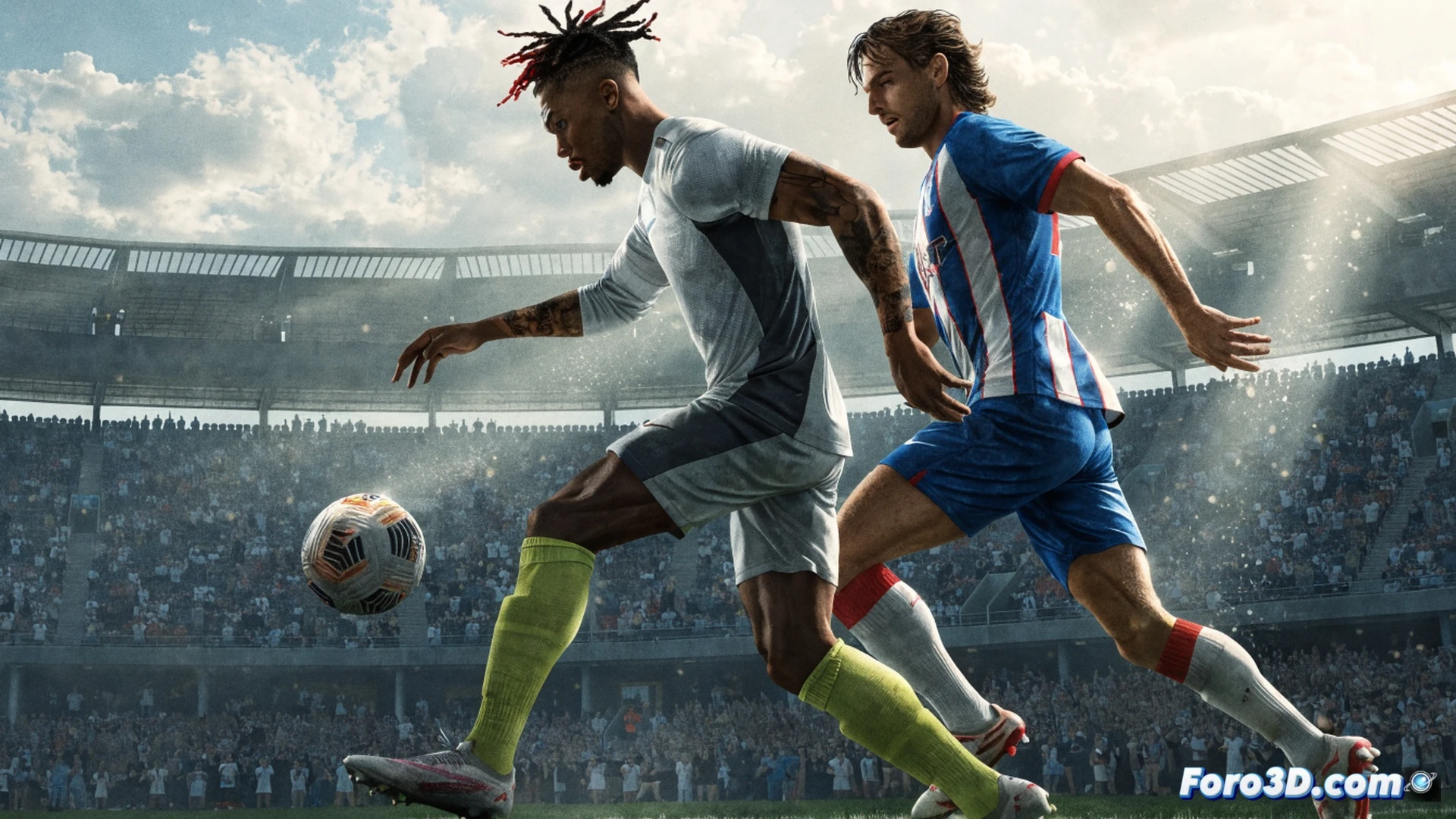 Nintendo Switch OLED y Switch 2 conectadas a un televisor, pantalla dividida mostrando un partido de EA Sports FC 26, un jugador en acción ejecutando una chilena mientras el balón cruza el área, barra de tiempo del período de prueba gratuita superpuesta digitalmente, controladores Joy-Con en manos de un usuario, menú de suscripción Nintendo Switch Online visible en la interfaz, estilo cinematográfico fotorrealista, iluminación de estadio nocturno, reflejos en el césped sintético, texturas detalladas del uniforme y el balón, demostrando la jugabilidad completa sin límite de horas.