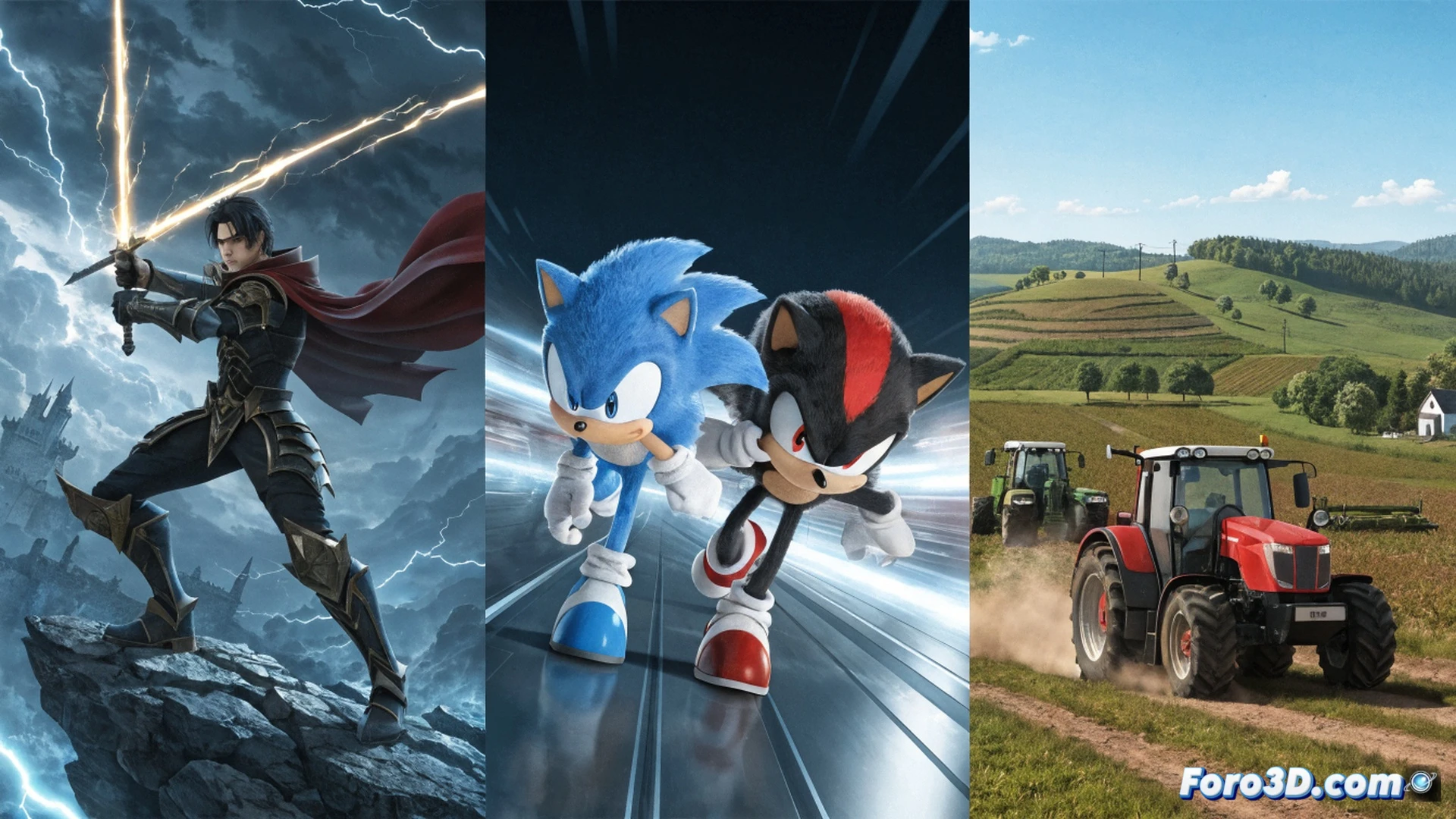 PlayStation Plus subscription card glowing holographic interface, three game scenes merging into one image: Final Fantasy XVI medieval castle siege with particle effects, Sonic X Shadow Generations blue blur speed trail across digital racetrack, Farming Simulator 25 tractor harvesting wheat field under sunset, console controller in foreground with monthly subscription badge, cinematic game showcase visualization, dynamic lighting transitions between genres, action-RPG combat sparks overlapping agricultural machinery gears, high-contrast neon highlights on Sonic loop, photorealistic technical illustration, 8K game art style, dramatic cinematic composition