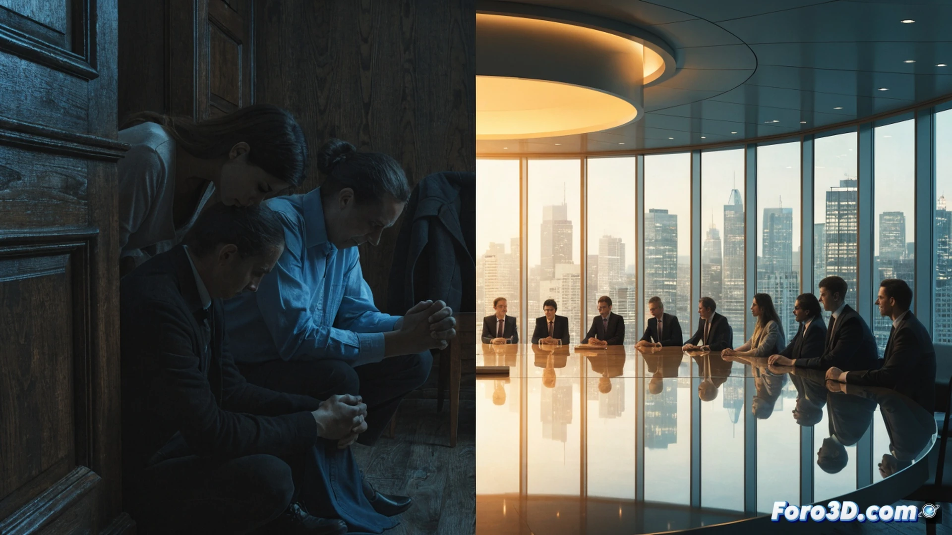 PSA corporate office interior, legal team reviewing safety violation documents on a monitor while a worker’s empty hard hat and safety vest lie on a conference table, balance sheet graph showing rising profits next to a red declining safety compliance chart, dramatic overhead lighting casting long shadows, cold blue and grey corporate tones, photorealistic architectural visualization, critique of corporate hypocrisy, high contrast, ultra-detailed textures