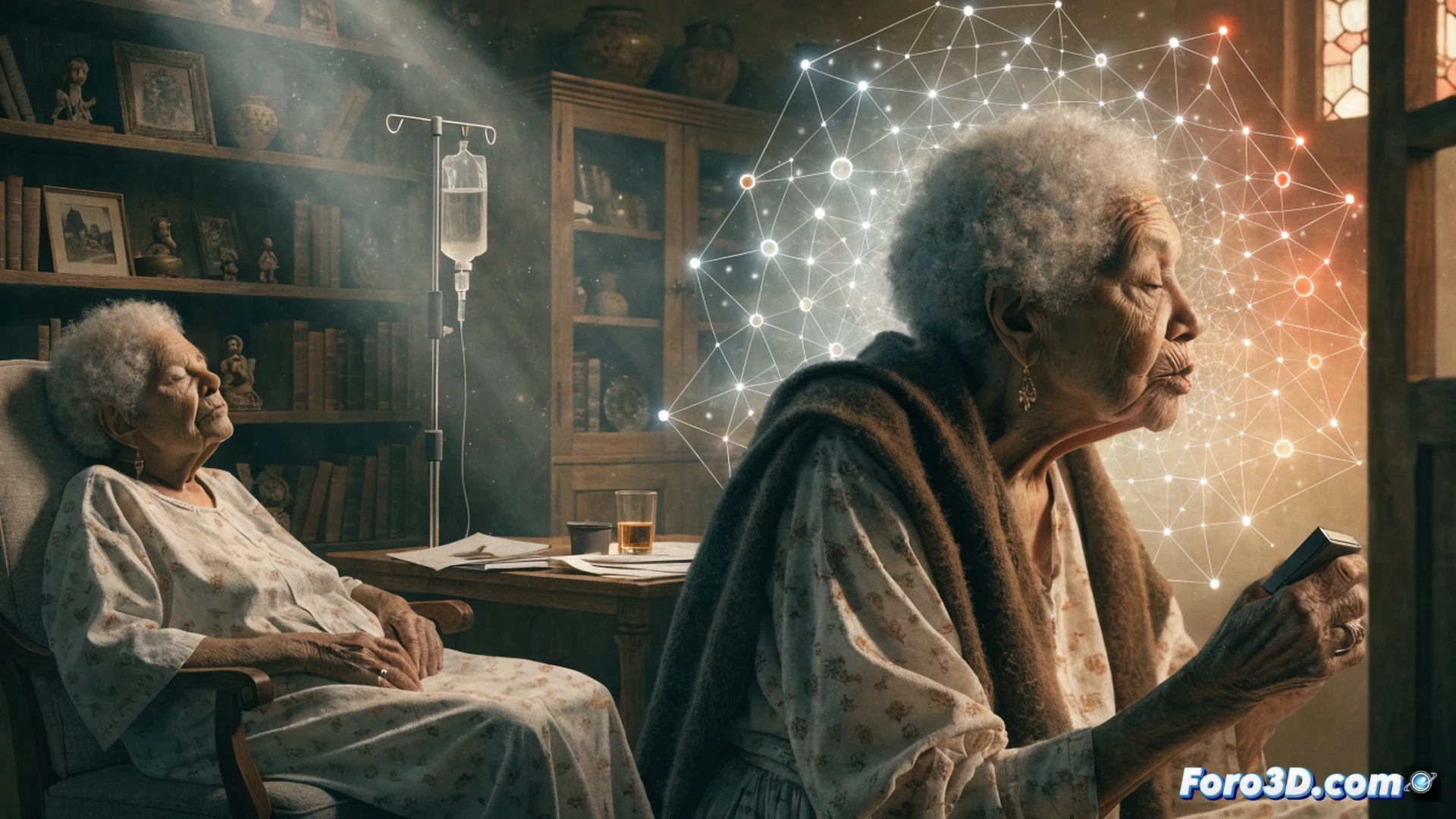 photorealistic medical visualization of elderly woman in hospital bed with glowing neural pathways illuminating her brain, nurse adjusting EEG cap while patient sits up speaking, bladder control demonstration shown via medical monitor, faded Alzheimer's medication bottles on bedside table, cellular-level detail of psilocybin molecules glowing blue connecting damaged synapses, cinematic lighting with warm skin tones and cool blue neural highlights, clinical setting with medical equipment, photorealistic technical illustration