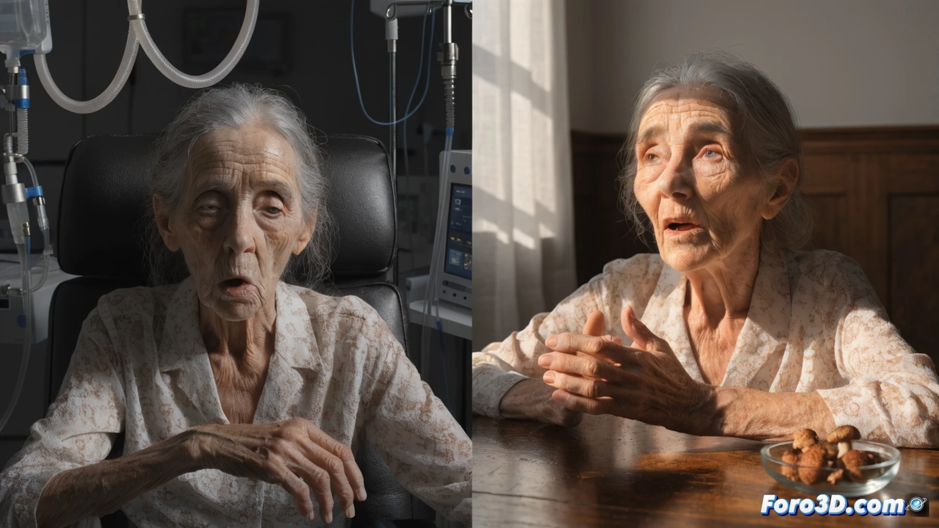 Photorealistic medical visualization of an elderly woman with Alzheimer’s sitting in a softly lit room, her eyes bright and mouth slightly open as she forms a sentence, a tablet on her lap showing a brain scan with highlighted neural pathways, a doctor nearby observing with a tablet displaying a single psilocybin molecule structure, sunlight filtering through blinds, warm golden tones, cinematic composition, subtle glowing synaptic connections in the air around her head, ultra-detailed skin texture and medical equipment, hopeful atmosphere, technical illustration style.