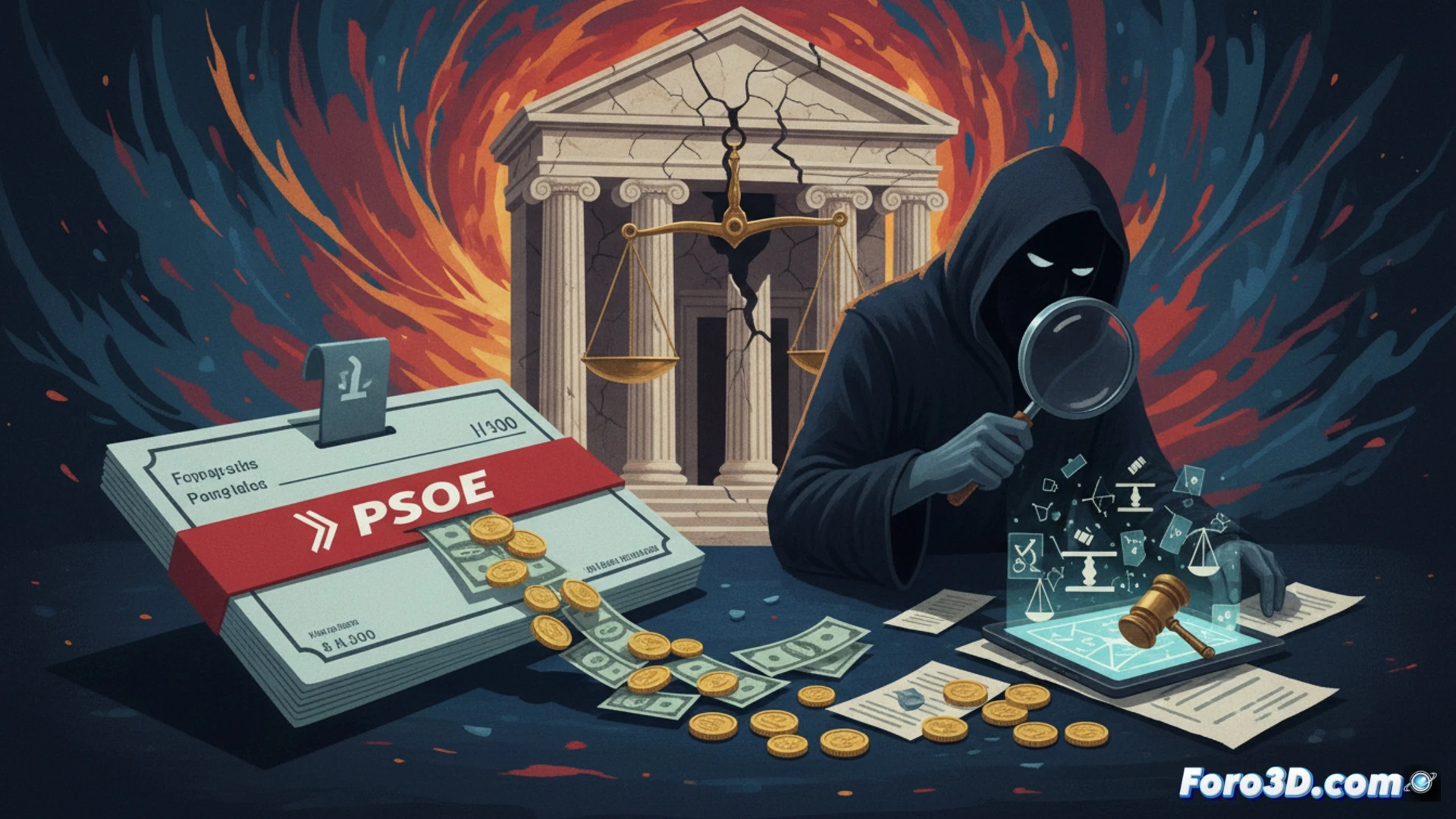 financial document with travel expense receipts being examined under a magnifying glass, a person in business attire reaching toward a laptop screen displaying a map with tracked routes, judicial gavel and law books partially visible in background, photorealistic technical illustration, cold blue institutional lighting, shadowy figures reflected in monitor glass, hands manipulating paper files with redacted judge names, forensic examination atmosphere, high-contrast cinematic style, ultra-detailed textures on receipts and legal documents
