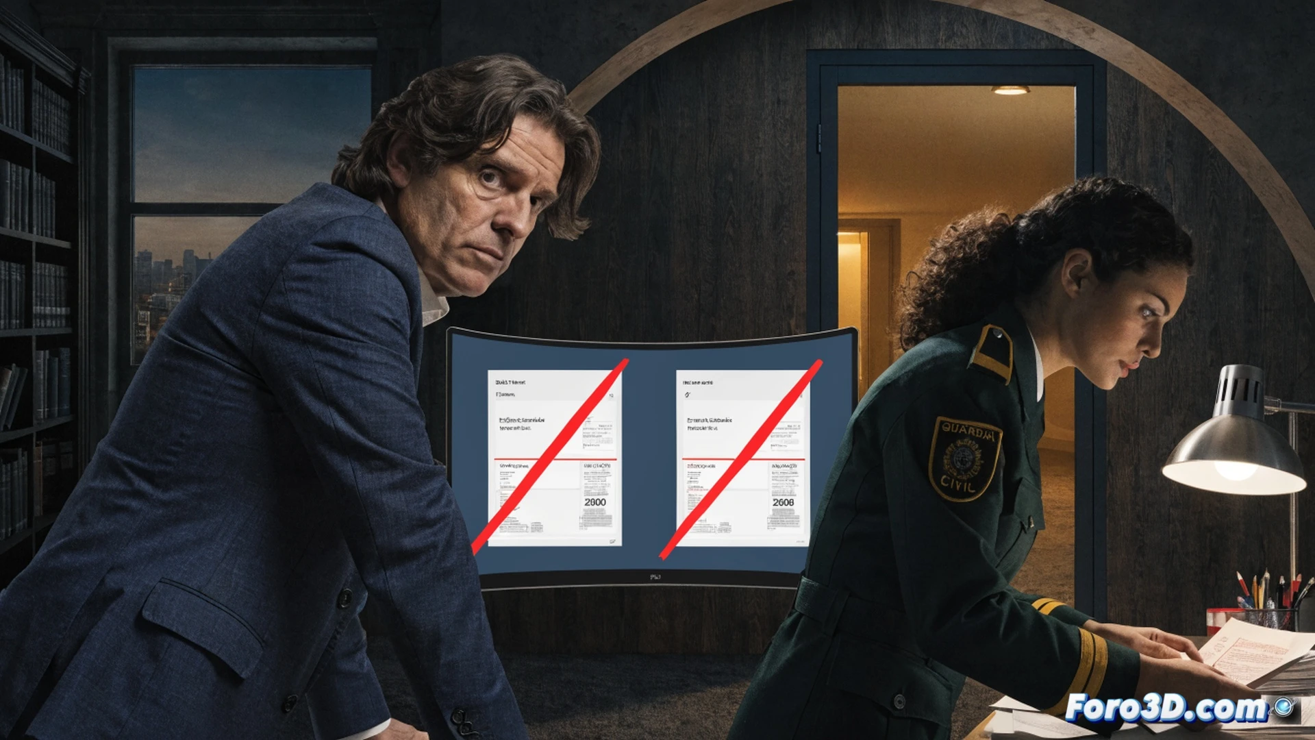 A political party office interior, an official in a suit holding a burofax document with a red REJECTED stamp, a lawyer’s invoice marked 26,500 euros being placed into an evidence folder, a Guardia Civil officer examining financial ledgers and a laptop showing a missing transaction entry, dramatic overhead lighting casting shadows on the desk, photorealistic technical illustration, sharp focus on paper textures and legal seals, cinematic investigative atmosphere.