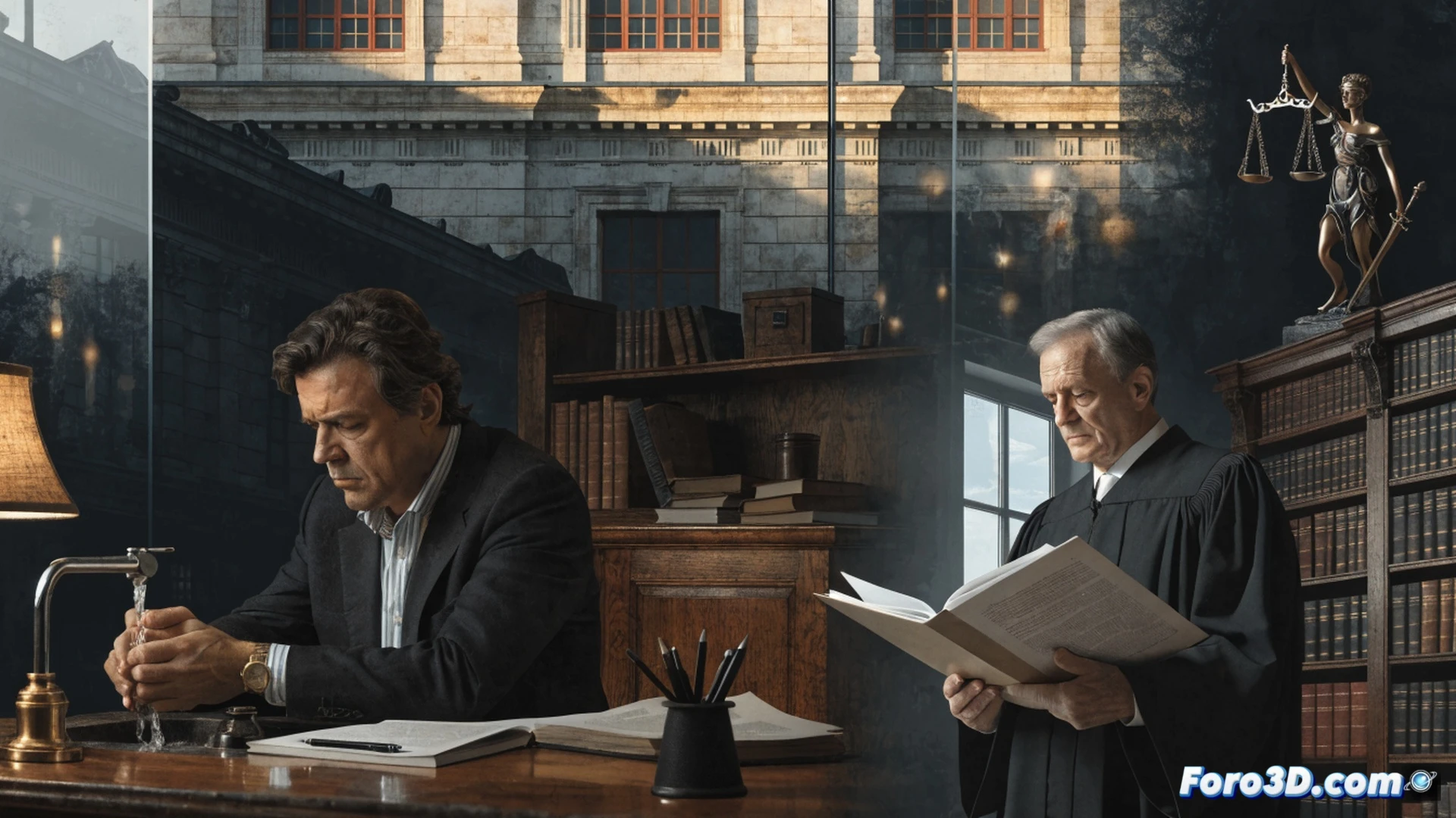 photorealistic political news visualization, a person in a suit washing their hands at a marble sink while a judge’s gavel and legal documents rest on a nearby desk, water splashing onto hands, a smartphone showing a blurred contact list and calendar agenda on the screen, dark wooden courtroom background, dramatic overhead lighting casting shadows, tense atmosphere, cinematic composition, ultra-detailed textures on fabric and leather, technical editorial style