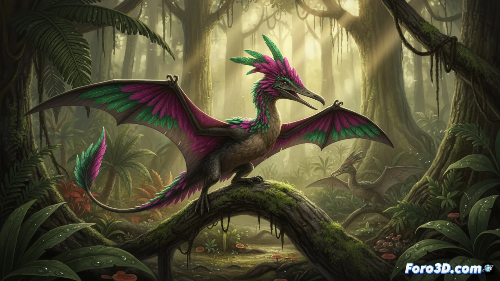 Sinopterus dongi pterosaur in mid-flight with iridescent green and magenta plumage during a courtship display, melanosome structures visible under a scanning electron microscope in a split-screen view, fossilized feather fragments being analyzed on a digital tablet, realistic paleontological reconstruction, cinematic natural history illustration, dramatic sunset lighting, detailed feather textures, scientific accuracy, photorealistic technical visualization, showing the reptile soaring above a prehistoric forest, action of wingbeats creating air currents, glowing color highlights on plumage