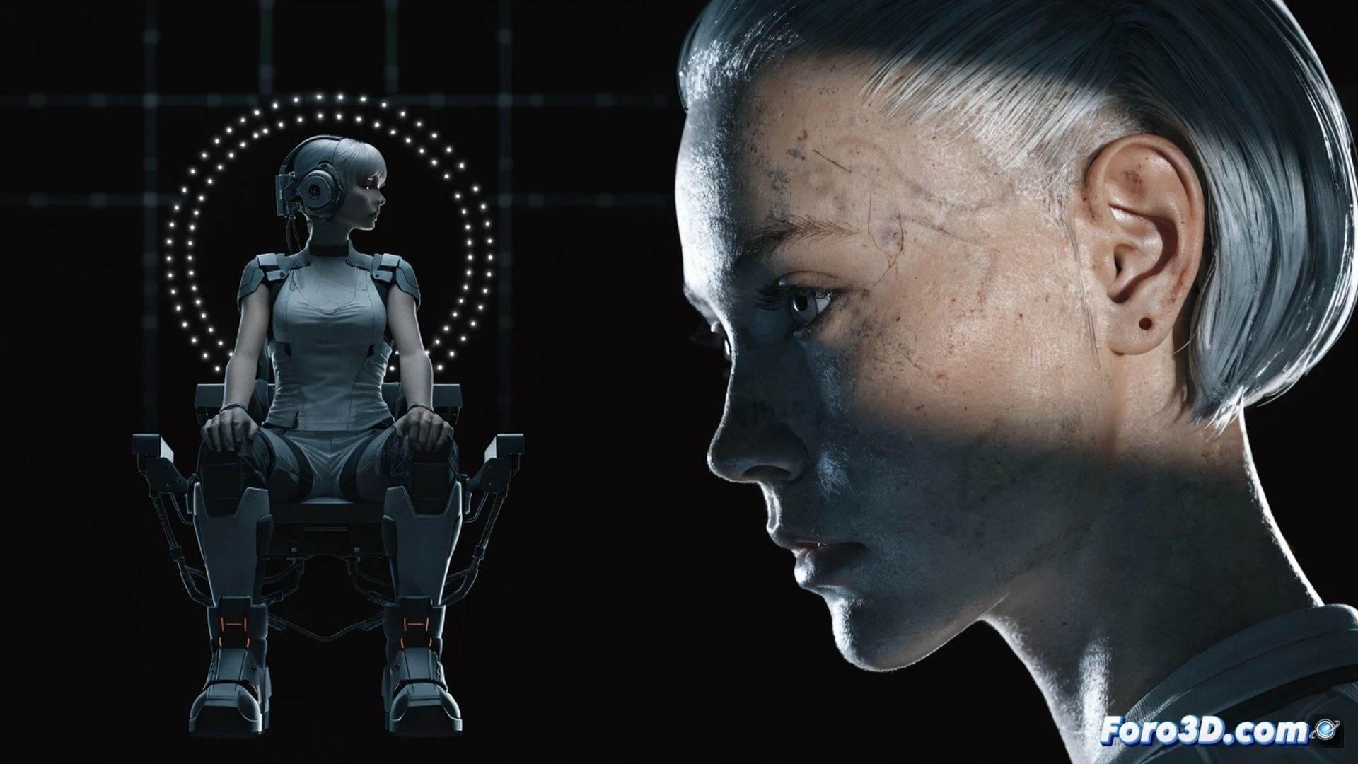 Player character in tactical gear issuing voice command through headset microphone while Ella AI companion avatar hovers as translucent holographic interface on in-game HUD, Ella's response text streaming across screen as she loots a weapon crate, subtle lag in her movement animation creating robotic stiffness, NVIDIA AI processing indicator visible as real-time neural network nodes, battleground environment with smoke and debris, cinematic gaming visualization, photorealistic Unreal Engine style render, dynamic lighting from muzzle flashes, ultra-detailed weapon textures, motion blur on Ella's delayed actions
