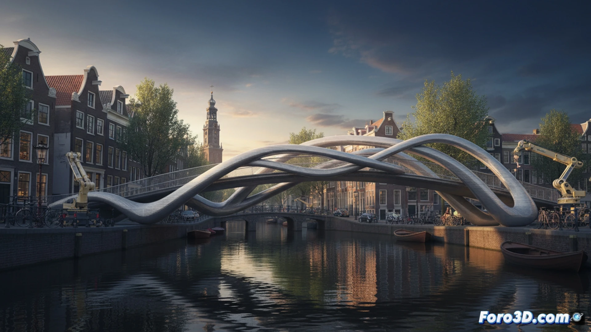 robotic arm welding a 12-meter steel 3D-printed pedestrian bridge over a canal in Amsterdam, bridge structure showing layered lattice metal texture with visible print layers, welding sparks falling into water during installation, construction robots on both sides of canal holding bridge sections, yellow robotic manipulators adjusting final alignment, photorealistic engineering visualization, afternoon sunlight reflecting off water and steel, cranes and scaffolding visible, ultra-detailed mechanical joints, industrial safety barriers on canal banks, cinematic wide shot showing entire bridge span