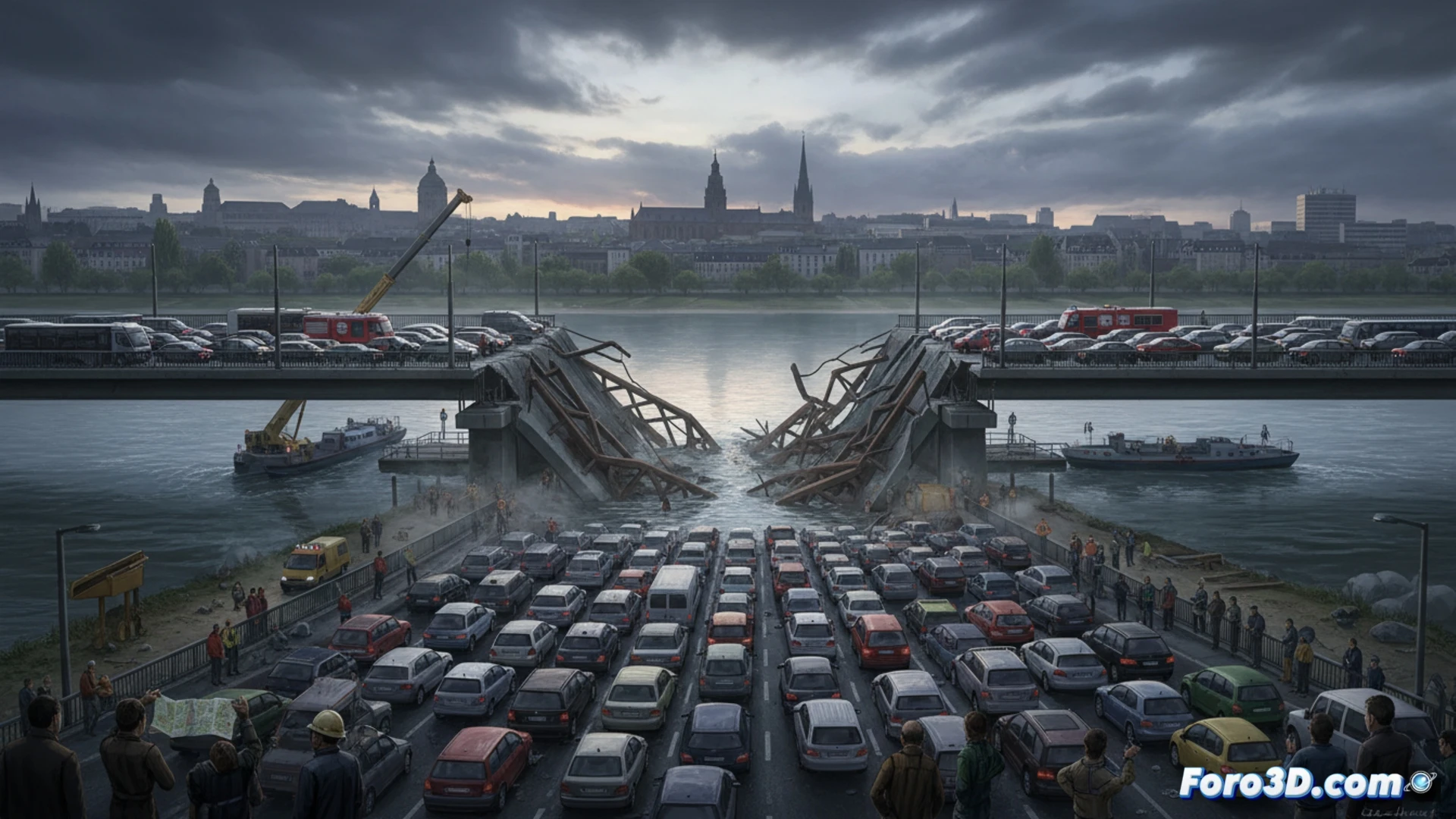 Aerial view of a fractured concrete highway bridge over a river in Bonn, structural cracks visible on support pillars, orange traffic cones and barriers blocking both ends, a long queue of stationary cars stretching into the distance on the autobahn, construction workers in safety vests inspecting damage with measuring tools and portable scanners, dust rising from collapsed road surface, digital traffic monitoring screens showing red congestion overlays on a map, photorealistic engineering visualization, dramatic overcast lighting, high-angle cinematic shot, ultra-detailed concrete texture and steel reinforcement exposed