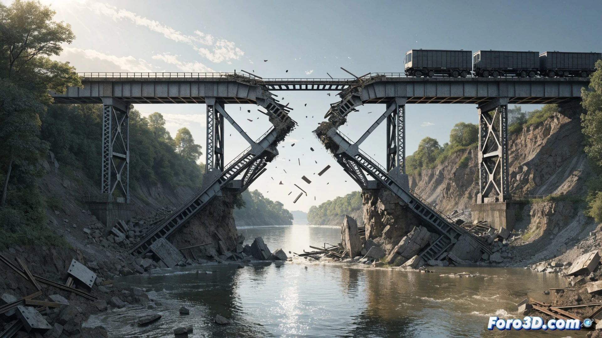 photorealistic engineering visualization of a railway bridge section collapsing into a sinkhole, cracked concrete pillars fracturing under stress, twisted steel rails bending downwards, displaced ballast stones falling into the dark void, warning signs tilted and ignored in foreground, maintenance tools like rusted wrenches and inspection gauges abandoned nearby, cracked asphalt approach road showing ground subsidence, emergency barrier half-erected, dramatic stormy sky with rain, cinematic industrial lighting highlighting structural failures, ultra-detailed textures of corroded metal and crumbling concrete, debris scattered around, technical illustration style emphasizing engineering negligence, realistic disaster scene during active collapse