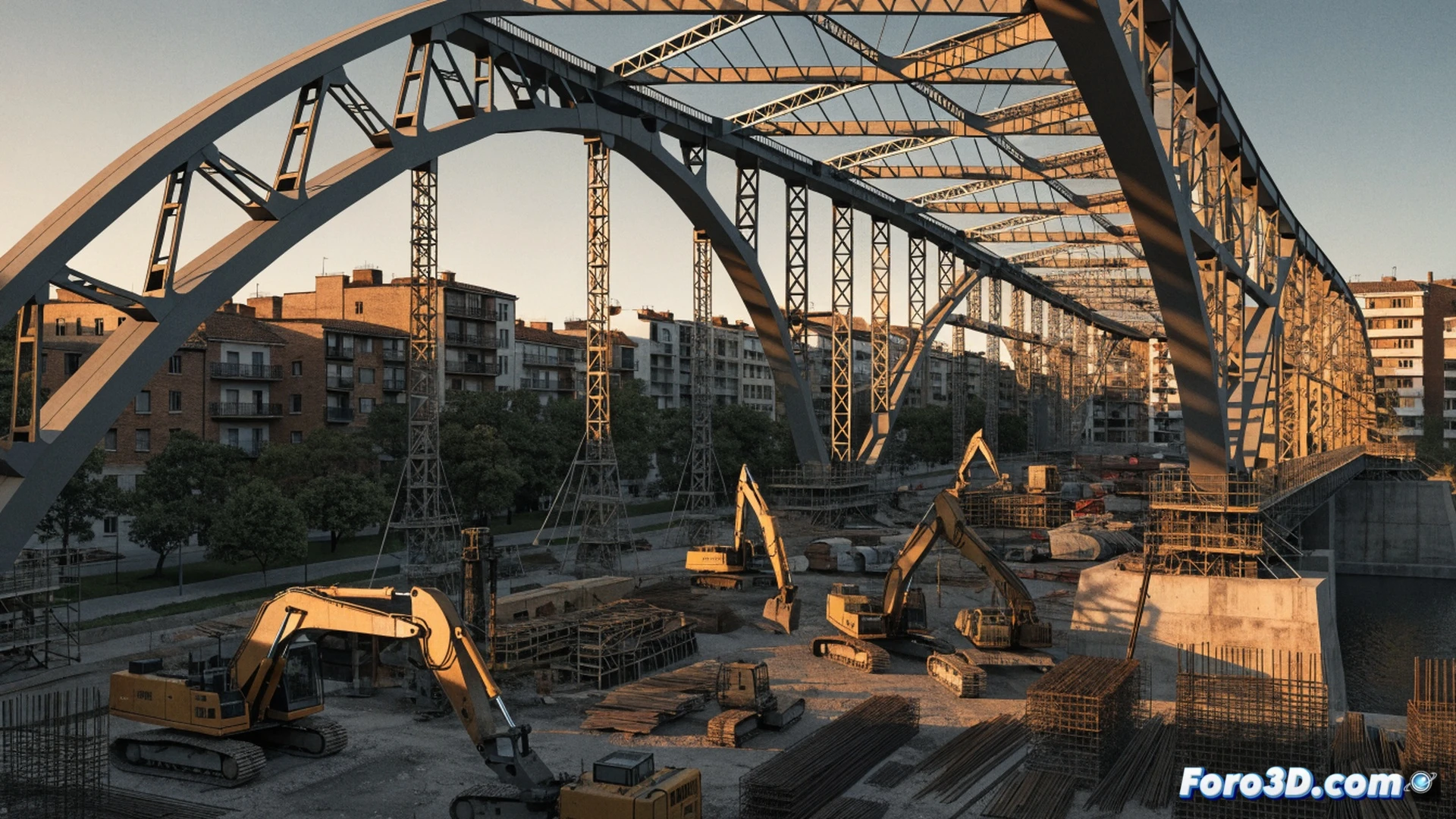 Minister of Transport pressing a large industrial button labeled with a glowing green start icon, construction site with yellow excavators and drilling rigs behind him, blueprints of a modern train station unfurled on a table, digital hologram showing a suspended railway track above ground, workers in orange vests observing, photorealistic technical illustration, cinematic lighting, dust particles in sunlight, heavy machinery in action, engineering visualization