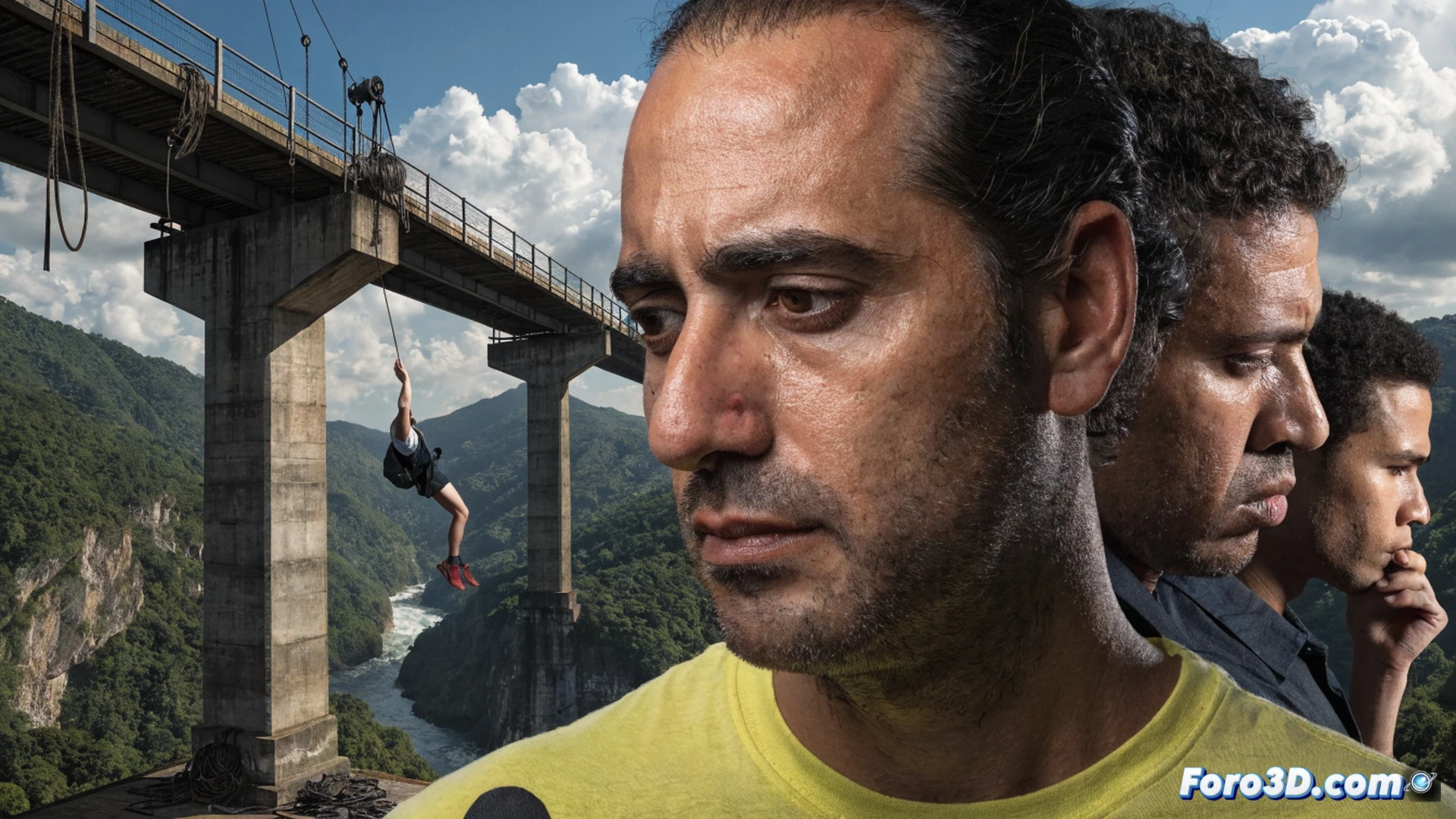 Cuerda de puenting suelta y desenroscada cayendo al vacío desde un puente alto, tres operarios en plataforma mirando con pánico mientras arnés vacío cuelga inútil, cámara de acción en mano de víctima cayendo, mosquetones abiertos y sistema de anclaje incompleto visible, nubes tormentosas al fondo, estilo cinematográfico hiperrealista, iluminación dramática de atardecer, textura metálica desgastada en equipos, efecto de movimiento descendente con líneas de velocidad, fotografía técnica forense de alta definición.