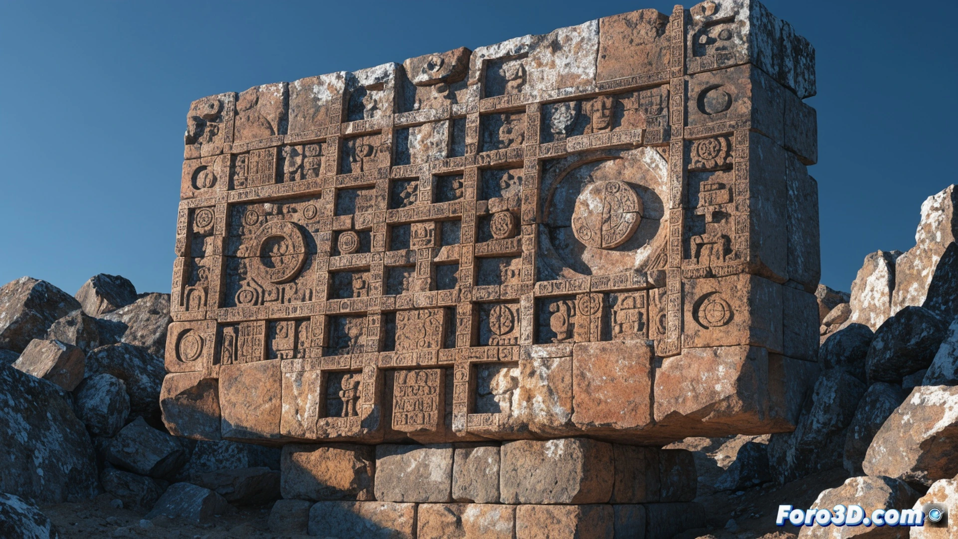 Monolito de andesita en Tiahuanaco con bajorrelieves astronómicos, un arqueólogo sostiene una tableta digital mostrando un modelo 3D de la Puerta del Sol, mientras rayos de luz solar atraviesan un agujero en la piedra proyectando sombras sobre un calendario de inscripciones, herramientas de medición láser y brújulas sobre el suelo polvoriento, estilo cinematográfico fotorrealista, iluminación dorada del atardecer, textura rugosa de la roca, sombras alargadas, detalles de glifos tallados, ambiente místico y técnico, ultra detallado.