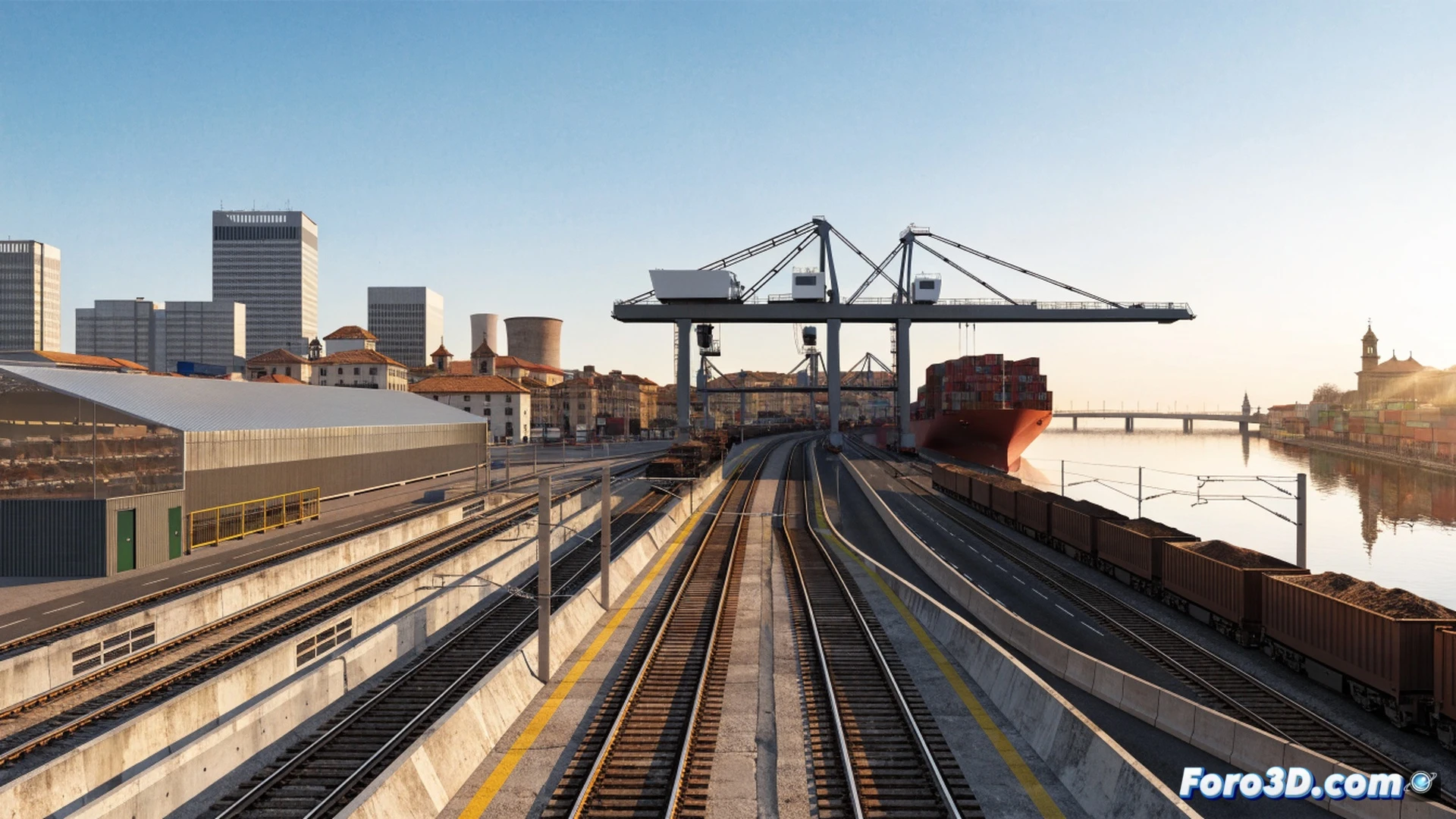 Container ship unloading at Puerto de Sevilla, orange gantry cranes lifting cargo containers onto electric freight train, train moving swiftly along new express railway line in 2027, automated coupling mechanisms connecting wagons, logistics workers in high-vis vests monitoring loading process, container terminal with railway tracks extending into inland distribution hub, photorealistic engineering visualization, golden hour sunlight casting long shadows, modern industrial infrastructure, motion blur on accelerating train, detailed mechanical couplers and rail switches, ultra-realistic textures on metal containers and concrete surfaces