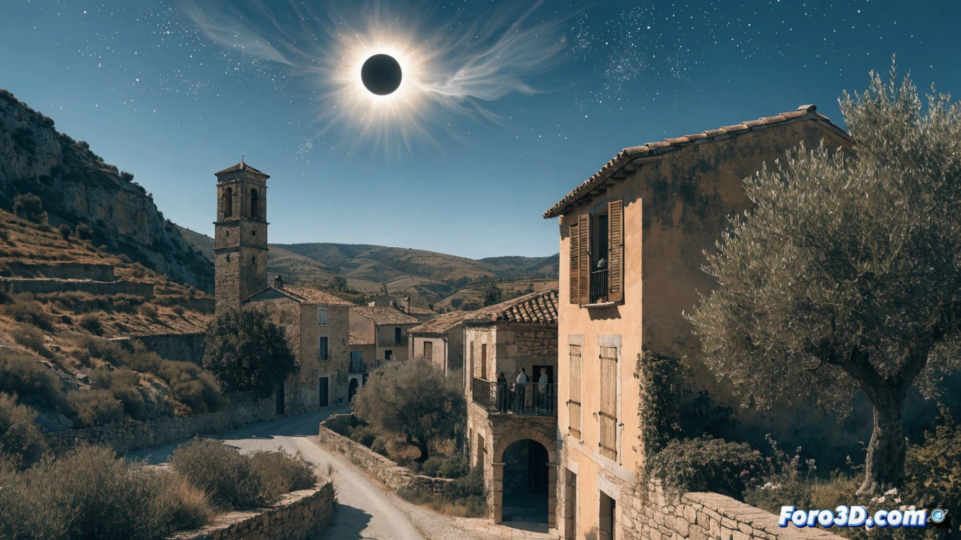 small medieval village perched on a hilltop in Teruel, Spain, a glowing eclipse partially covering the sun above, tourists with binoculars and telescopes pointing skyward, a rustic stone house with a sign indicating no vacancy, a family checking a calendar on a smartphone showing the date 12 August, clear blue sky transitioning to twilight during the eclipse, dusty hiking trail leading to an ancient castle, empty cots and beds visible through a window, photorealistic cinematic landscape, warm golden sunlight contrasting with the darkening sky, dramatic shadows, detailed stone textures, peaceful rural atmosphere, technical illustration style