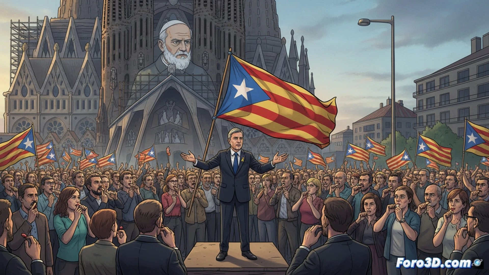 Aerial view of Barcelona's Plaça de Sant Jaume during a tense protest, Carles Puigdemont holding a microphone while a crowd waves senyeras with aggressive gestures, a papal procession approaching the square, Vatican security personnel forming a barrier, independentist protesters blowing whistles creating a chaotic soundwave visualized as translucent orange ripples, the Sagrada Família silhouette in the background under a stormy sky, cinematic photorealistic style, wide-angle dramatic perspective, high-contrast lighting, gritty documentary texture, ultra-detailed crowd expressions, motion blur on waving flags, technical visualization of acoustic pressure waves