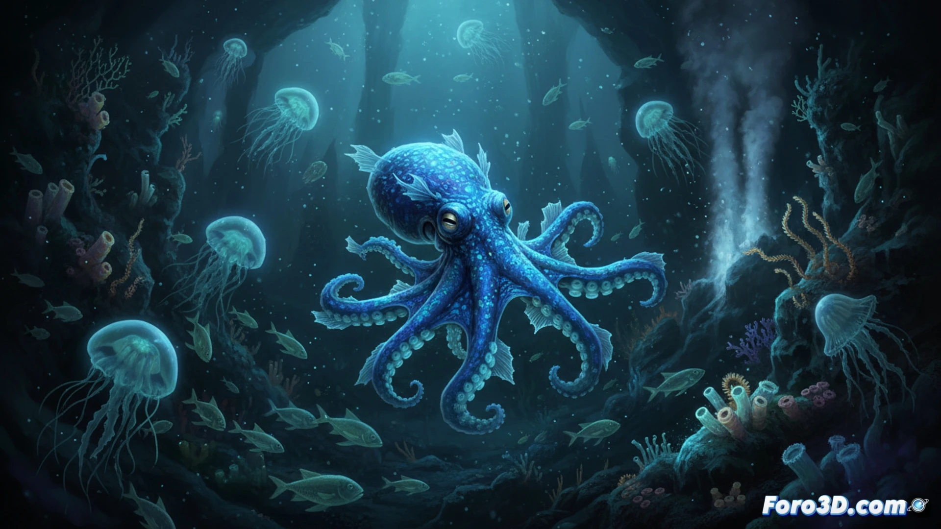 Deep ocean scene at 1800 meters, a tiny bright blue octopus resting on a dark volcanic rock, its body the size of a human palm, tentacles gently curling, soft bioluminescent glow from nearby hydrothermal vents, a robotic submersible arm approaching slowly with a sampling container, fine sediment particles drifting in the water, dramatic blue-black lighting, photorealistic deep-sea visualization, ultra-detailed skin texture with iridescent blue chromatophores, cinematic underwater atmosphere, technical scientific exploration aesthetic