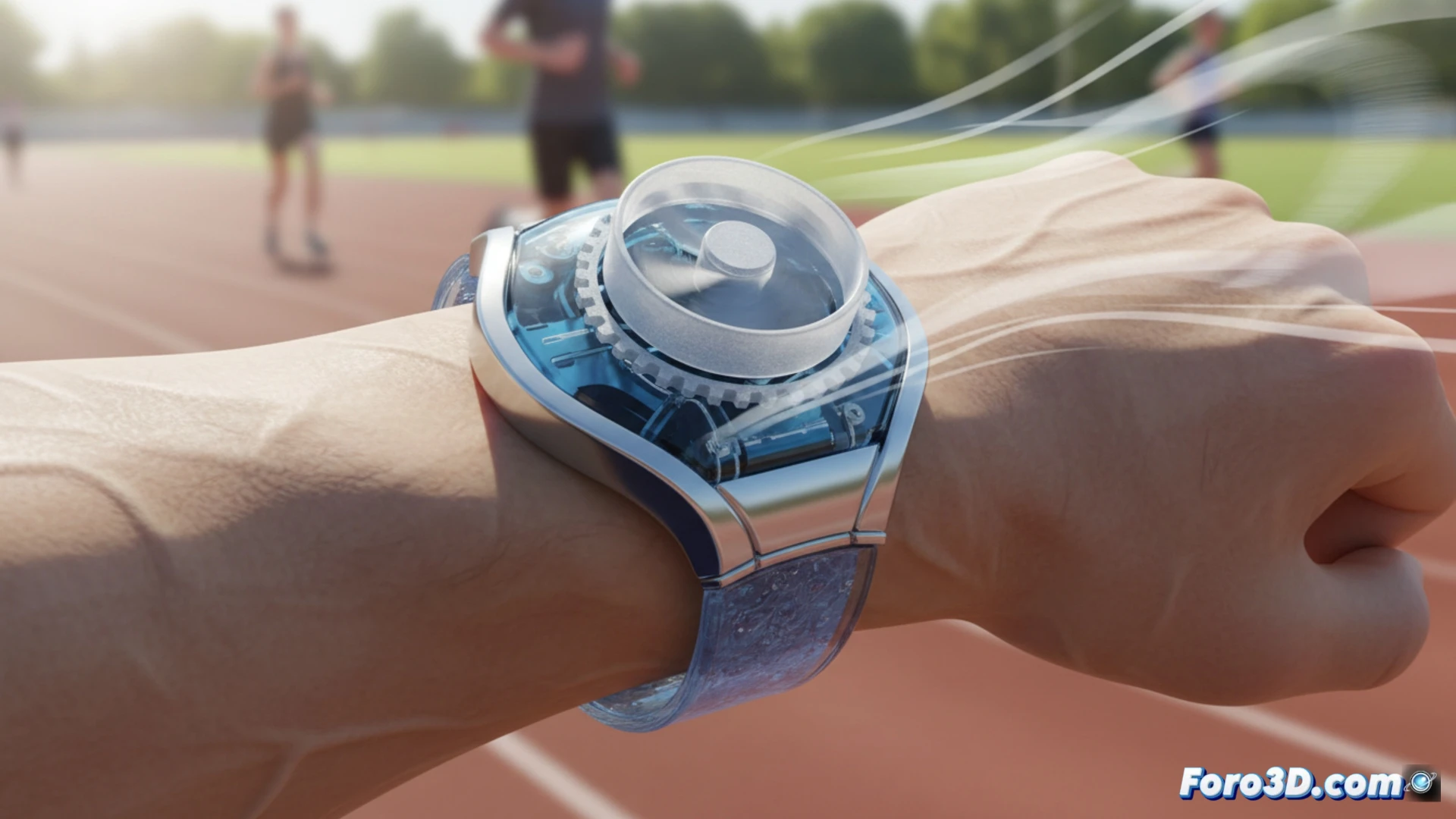 Close-up shot of a wrist wearing a resin-made bracelet fan, small axial blades spinning rapidly while arm moves mid-air, motion-activated airflow creating visible cooling waves near skin, no wires or batteries, sunlight streaming through translucent blades, photorealistic engineering visualization, high detail on 3D-printed mechanical structure, subtle motion blur on rotating fan, dramatic macro lighting, technical product render