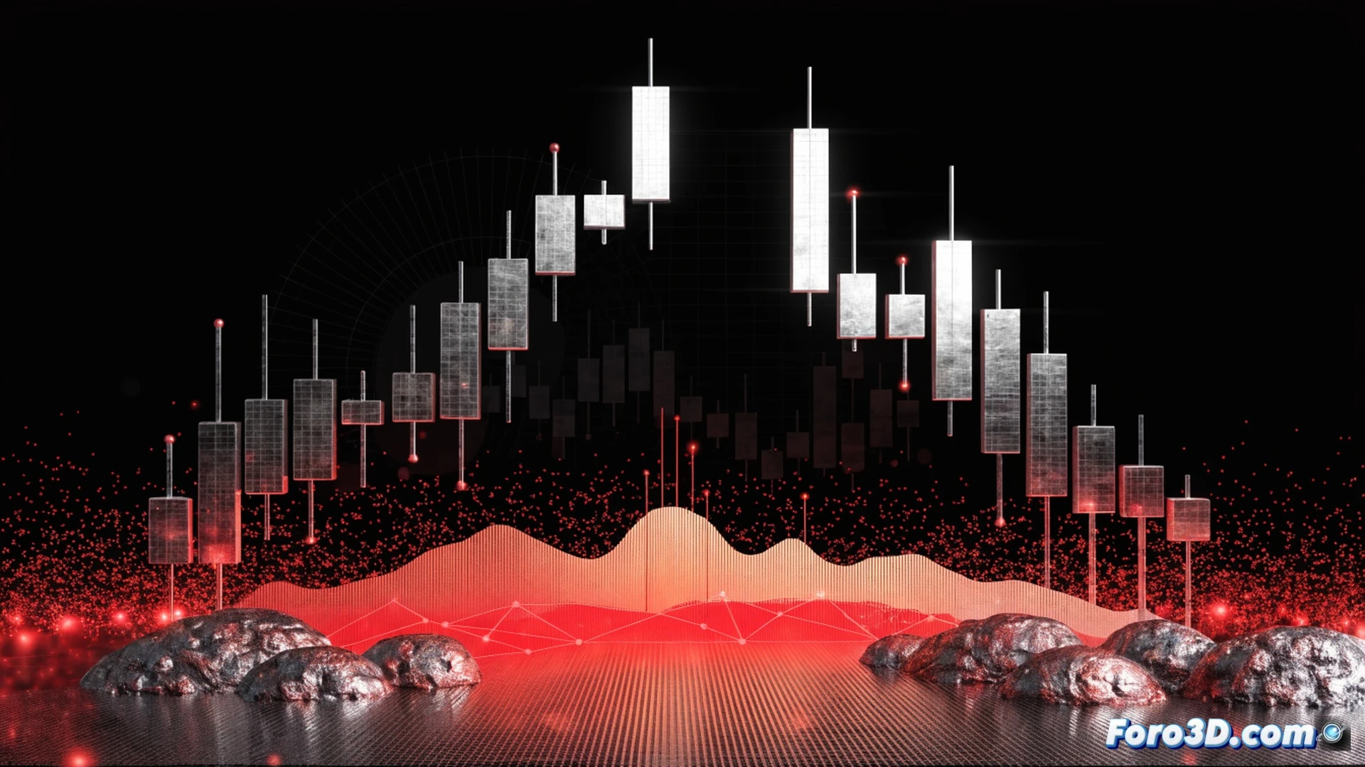 cryptocurrency chart on a dark monitor screen, candlestick graph showing a sharp 3.55 percent green bounce from a horizontal red support line labeled at 0.00137, glowing buy signals appearing near the line, trading volume bars increasing during the rebound, mouse cursor hovering over the support level, technical analysis tools like Fibonacci retracement and RSI indicator visible on the screen, keyboard with glowing keys in foreground, dark room ambient lighting, cinematic photorealistic technical visualization, ultra-detailed screen reflections, dramatic blue and red neon glow, high-contrast financial trading scene