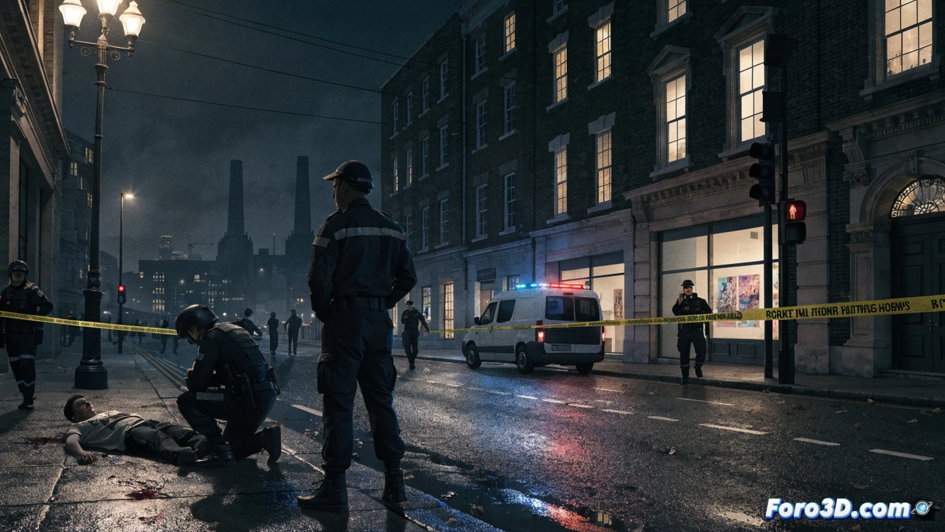 Calle residencial de Battersea al amanecer, un joven de 17 años en el suelo con un chaleco antibalas siendo asistido por paramédicos, mientras agentes de policía forense marcan evidencia con conos naranjas y cinta amarilla, un dron de vigilancia sobrevuela la escena, dos patrullas con luces azules bloquean la calle, grupo de adolescentes corriendo al fondo entre edificios de ladrillo victoriano, cinematic true crime visualization, neblina matutina, iluminación fría de farolas led, textura de asfalto mojado, lentes gran angular, photorealistic forensic scene