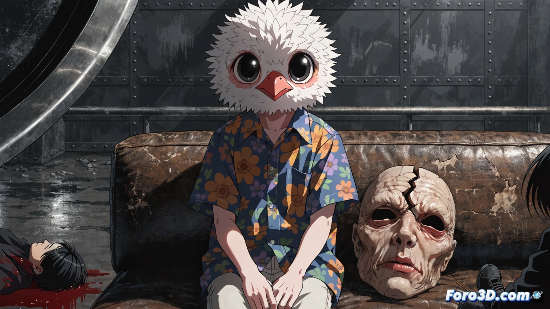 A cartoon bird character with blank white head, standing in a hyperrealistic rain-soaked city alley, holding a cracked theatrical mask in one hand while the other hand reaches toward a glowing smartphone screen showing social media icons, broken glass fragments on wet asphalt reflecting distorted city lights, cinematic photorealistic style, dramatic chiaroscuro lighting, ultra-detailed textures on concrete walls and rusted pipes, surreal contrast between flat cartoon bird and photorealistic environment, emotional isolation atmosphere, technical render with volumetric rain and reflective puddles