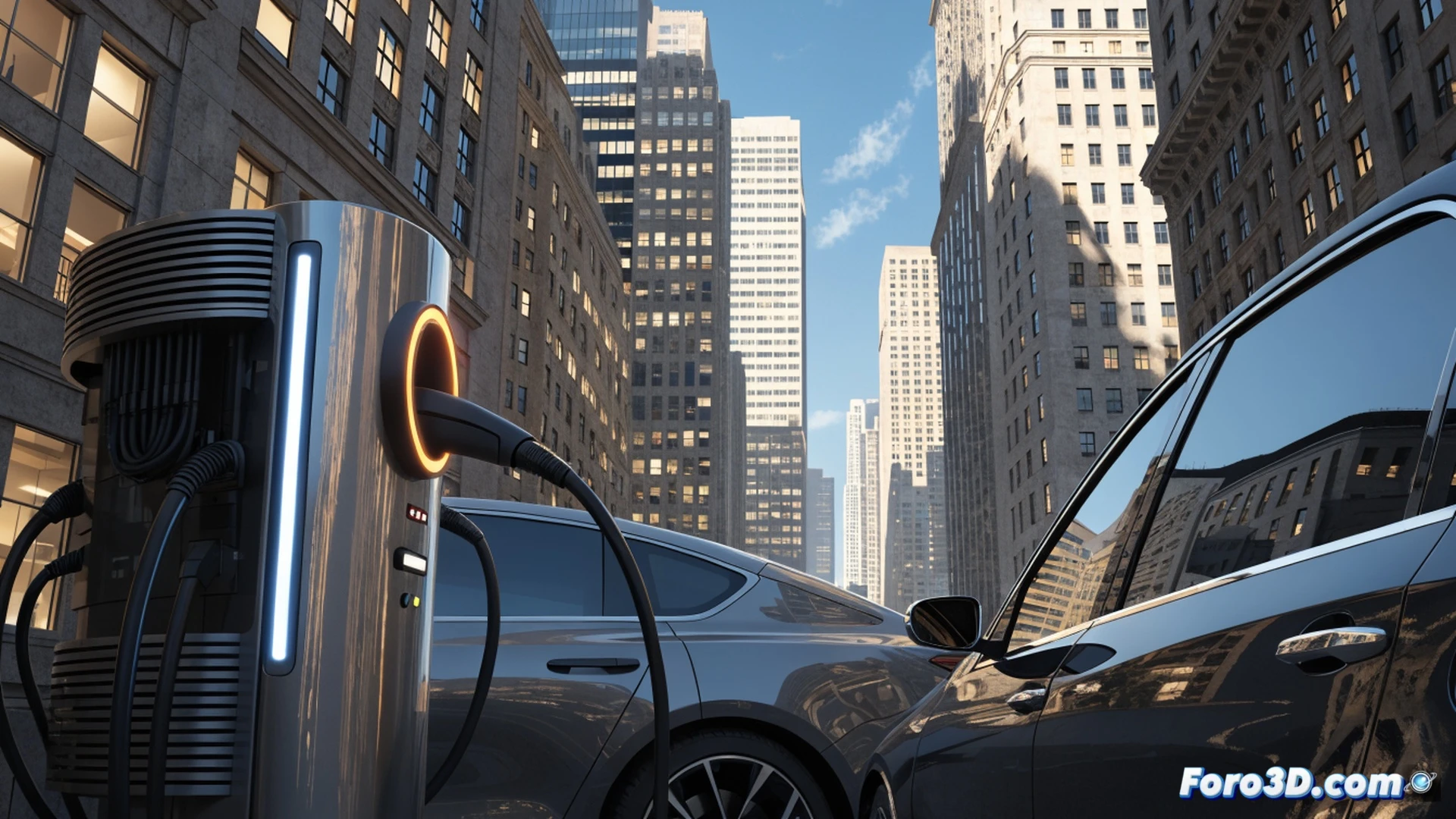 urban electric vehicle charging station at night, glowing neon cables connected to a sleek car, a cracked asphalt road splitting beneath the charging unit, a single tree growing through the crack with roots breaking concrete, a mechanic’s wrench lying rusted on the ground next to a discarded gasoline nozzle, charging handle emitting faint sparks while a digital display on the station shows a warning icon, cinematic photorealistic style, dramatic low-angle shot, heavy rain reflecting city lights, wet pavement with oil slick rainbow patterns, contrast between high-tech charger and decaying urban infrastructure, moody dystopian atmosphere, detailed textures of metal corrosion and wet glass