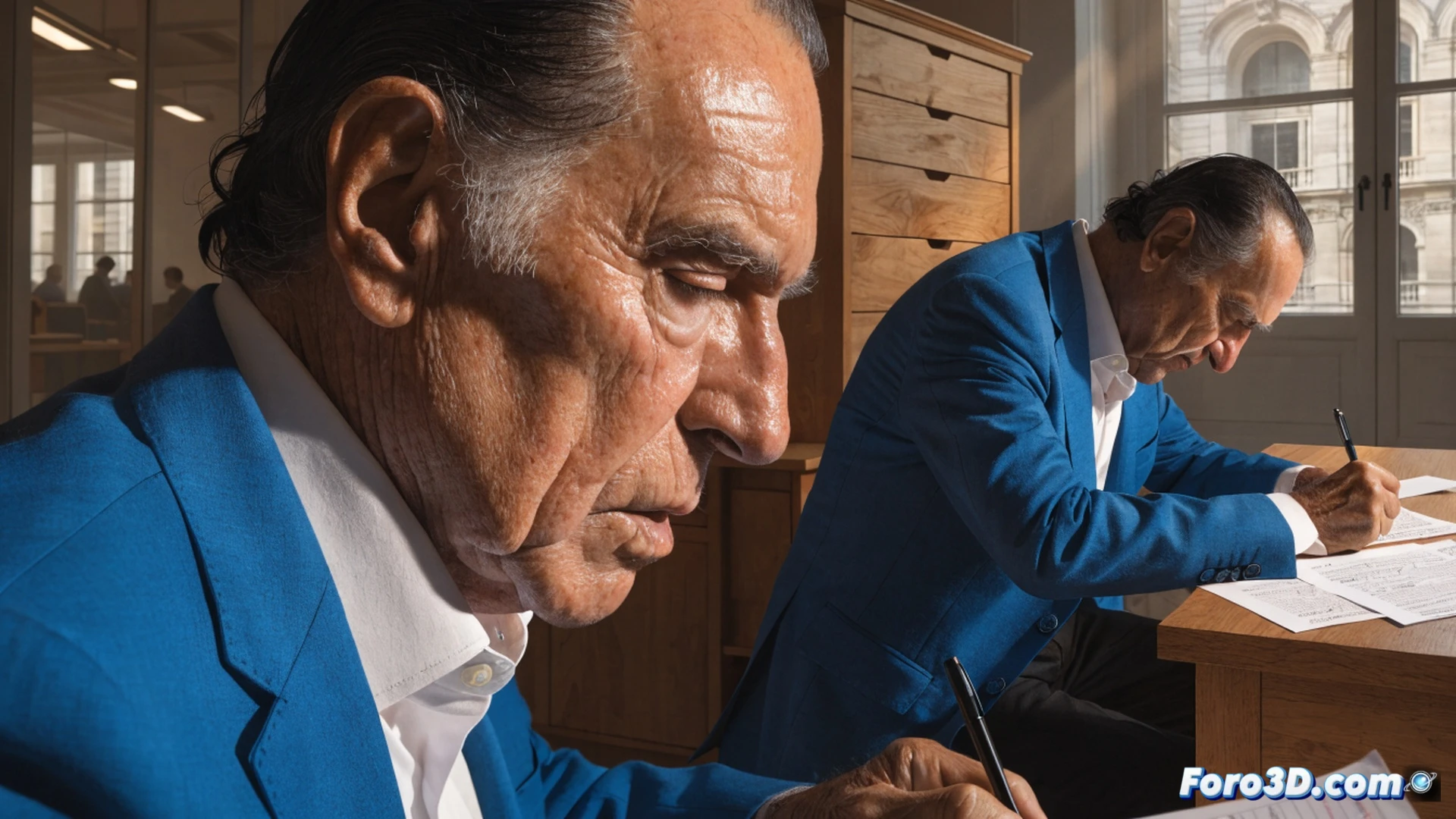 Un hombre de 70 años sentado en un escritorio escolar, sosteniendo un bolígrafo mientras escribe en un examen de madurez, junto a una calculadora científica y un cuaderno abierto con anotaciones de ciencias humanas, fondo de aula con pupitres vacíos y luz natural entrando por ventanas altas, mostrando concentración y determinación, estilo cinematográfico fotorealista, iluminación dramática suave, textura de papel envejecido y madera desgastada, atmósfera inspiradora de segunda oportunidad educativa