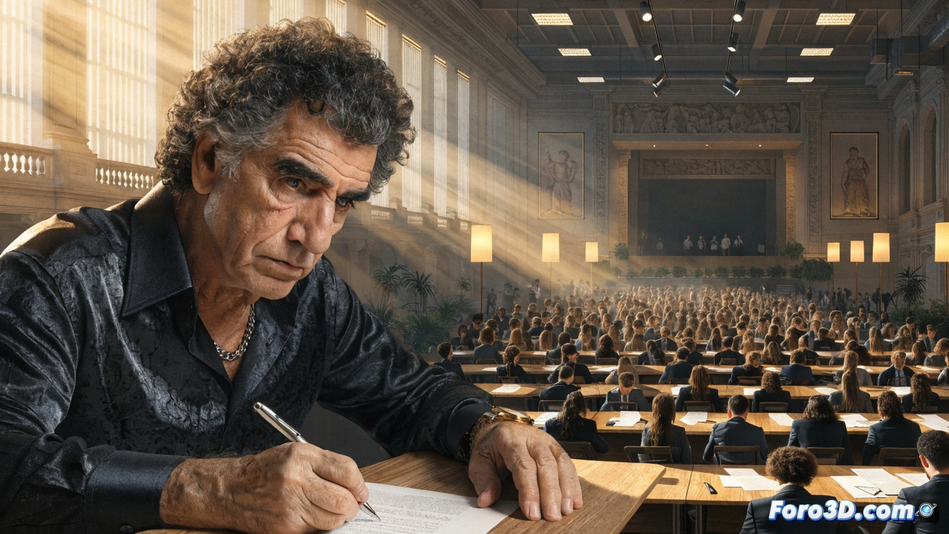 Italian students in a sunlit classroom, desks covered with open notebooks and pens, a teenage boy in a blue shirt writing furiously on a white exam paper, a girl in a ponytail looking up with concentration, a digital timer on the wall showing countdown, a smartphone on a desk displaying Pupo concert photo, dusty chalkboard with Italian exam formulas, cinematic photorealistic style, warm golden afternoon light through tall windows, shallow depth of field, subtle chalk dust particles in air, intense study atmosphere