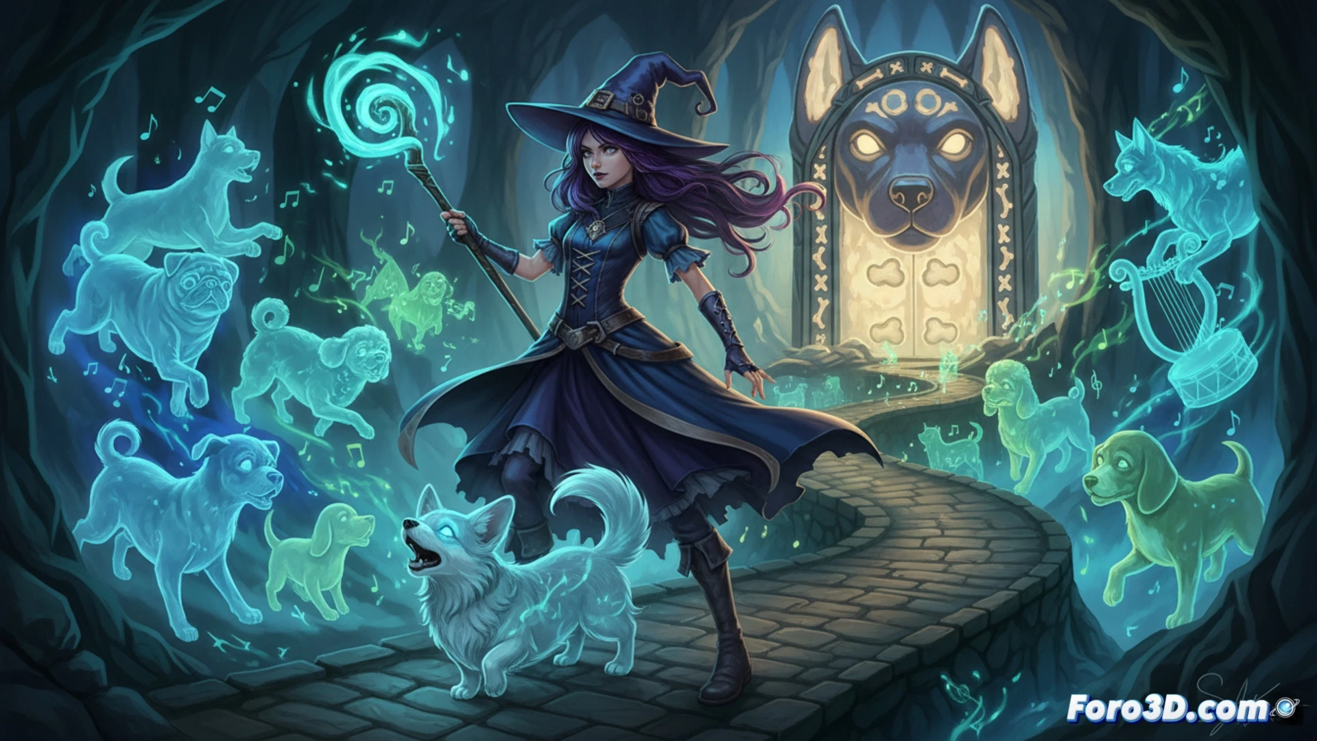 witch descending through glowing underworld portal, holding a staff with musical note symbols, spectral dog spirits floating around her while rhythmic light pulses emanate from her hands, arcane mixing console embedded in rocky terrain with faders moving in sync with music, ethereal green and purple glow illuminating her pointed hat and cloak, digital waveform trails connecting her to ghostly canine figures, cinematic fantasy visualization, dramatic volumetric lighting, particle effects swirling like sheet music notes, ultra-detailed magical interface elements, dark cavernous background with floating stone platforms, photorealistic game art style