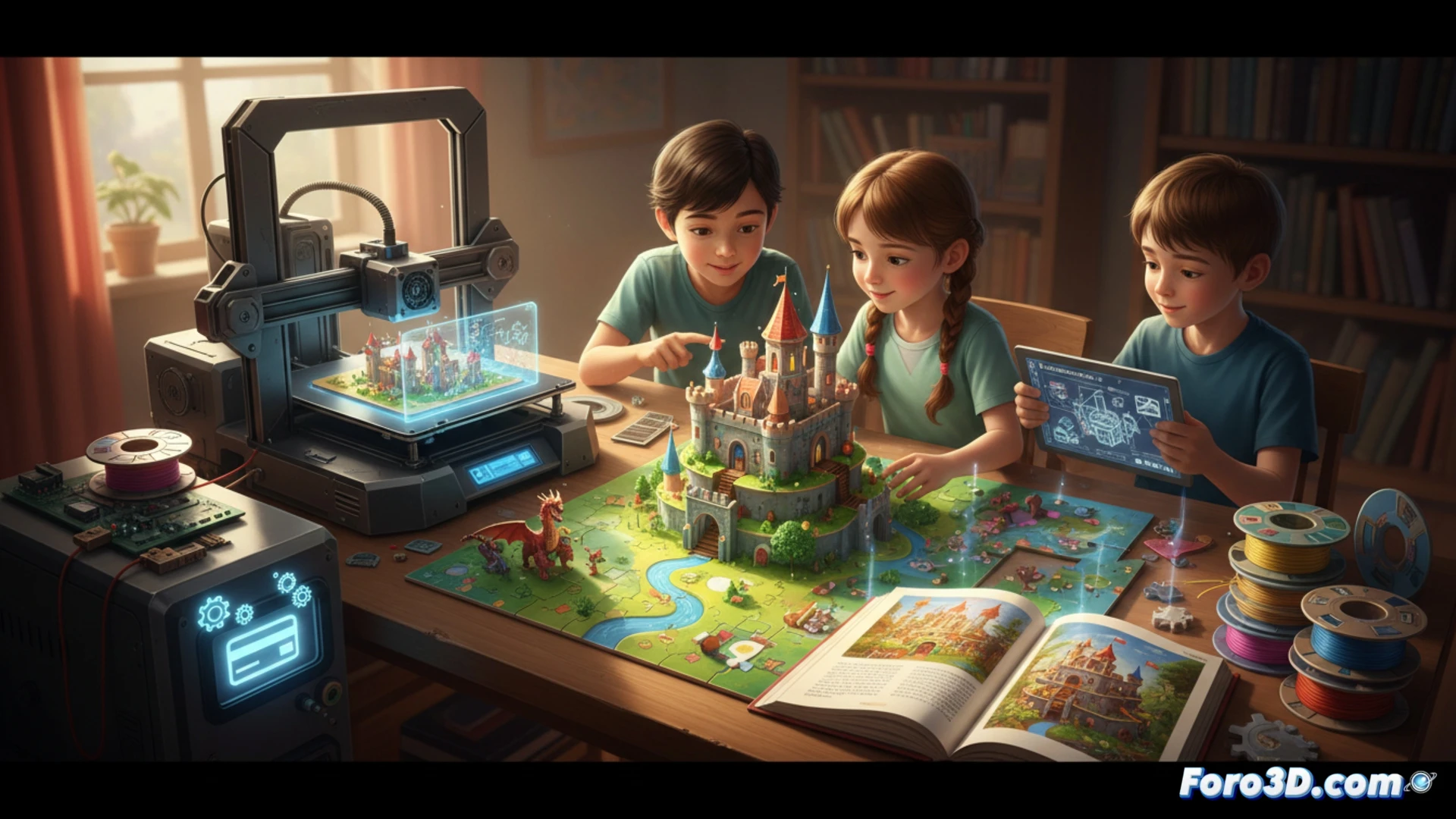 photorealistic technical illustration, a 3D printer mid-print assembling a colorful segmented dragon puzzle, a childs hand reaching to place the final piece while a glowing holographic storybook floats above the printer, showing animated characters from the tale, scattered filament spools and a digital price tag with a broken chain symbol on a desk, warm ambient workshop lighting, shallow depth of field, ultra-detailed nozzle and layer lines, cinematic composition, demonstrating the process of learning through play while highlighting material costs
