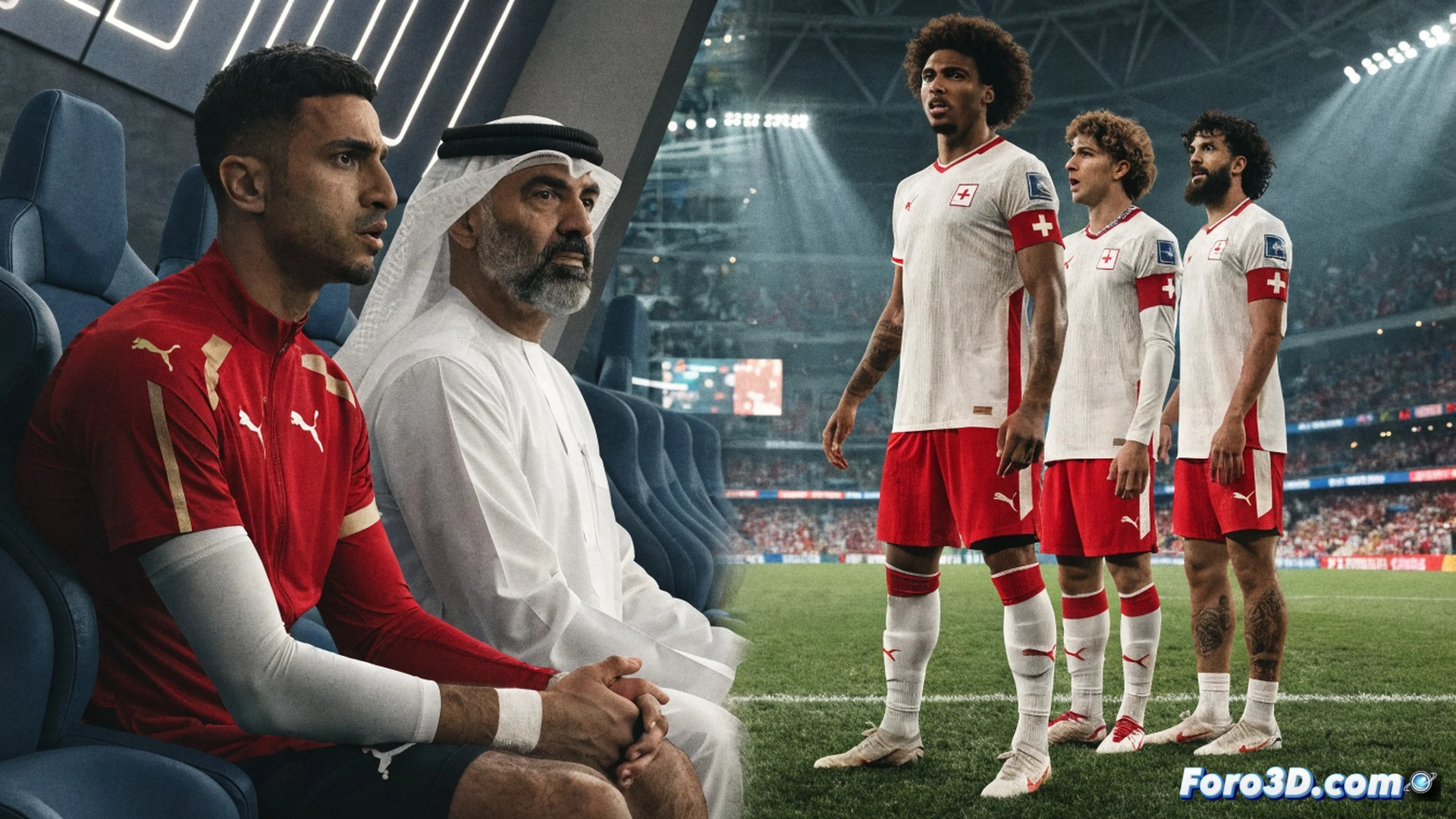 Estadio mundialista nocturno iluminado, banquillo de suplentes en primer plano, jugador qatarí con camiseta blanca sentado cabizbajo sosteniendo un botín desatado, entrenador qatarí de pie señalando el campo con tableta táctil mostrando diagrama táctico, fondo mostrando jugadores suizos con camiseta roja presionando en mediocampo, balón en trayectoria durante un pase filtrado, marcador electrónico parcialmente visible con cero a cero, césped con marcas técnicas de cal, cinematic photorealistic sports photography, dramatic shadow contrast, depth of field focusing on bench player, ultra-detailed fabric textures, high-contrast stadium lighting, motion blur on distant players, technical composition with rule-of-thirds