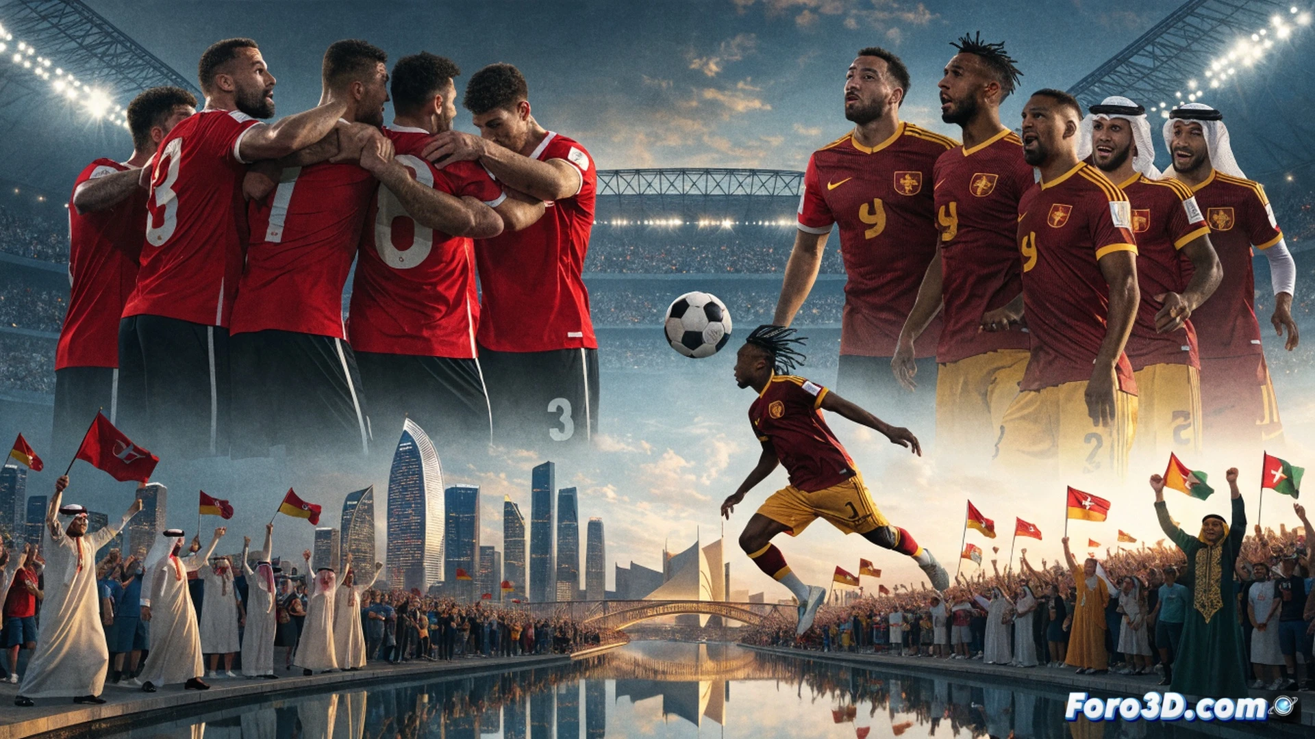 Qatar football player leaping to head the ball under floodlights during a World Cup match, ball connecting with forehead at goalmouth, Swiss defender lunging late, stadium crowd in blurred motion, grass turf with scuff marks, player jersey number visible, dynamic action pose, photorealistic sports photography, dramatic low-angle shot, sweat droplets suspended, intense facial expression, cinematic motion blur, high-contrast stadium lighting, deep shadows, realistic fabric folds, ultra-detailed skin texture, 8K render quality