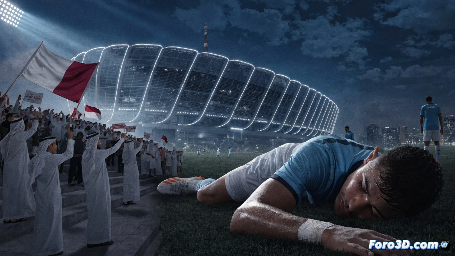 Qatari stadium at night, fans waving national flags while celebrating on empty pitch after a 3-1 defeat, a young boy holding a football with hopeful expression, father placing hand on his shoulder, stadium lights illuminating the scene, background showing architectural details of the futuristic arena, photorealistic cinematic style, warm golden hour lighting mixed with cool stadium LEDs, emotional crowd atmosphere, technical precision in facial expressions and fabric textures, ultra-detailed architectural geometry, realistic crowd simulation, dramatic wide-angle composition