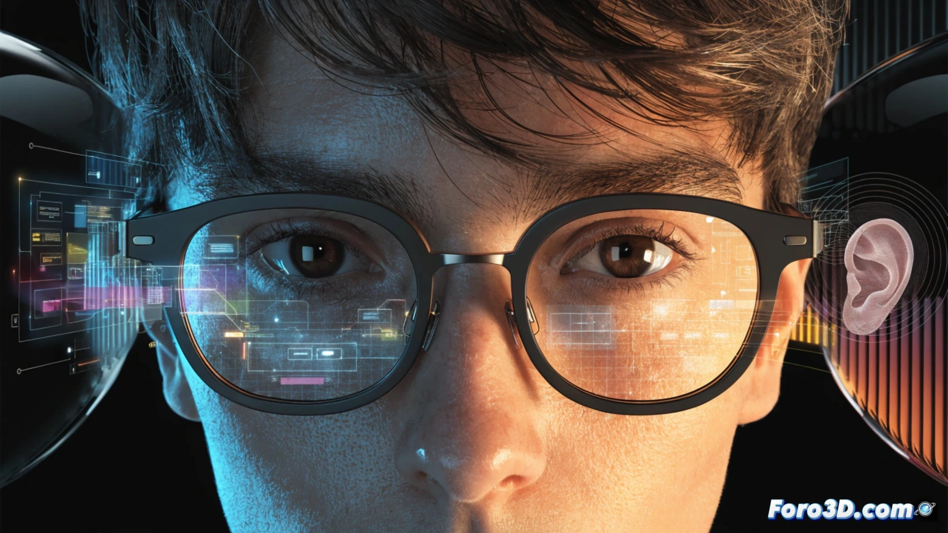 developer wearing smart AR glasses with transparent 2D display, hands manipulating floating 3D wireframe model of a gear assembly mid-air, Qt interface panels hovering beside the model showing real-time code and sliders, augmented reality markers tracking hand gestures, minimalist desk with laptop and stylus, cinematic technical visualization, soft blue and cyan holographic glow, clean modern workspace, sharp focus on interaction between fingers and digital object, photorealistic engineering render
