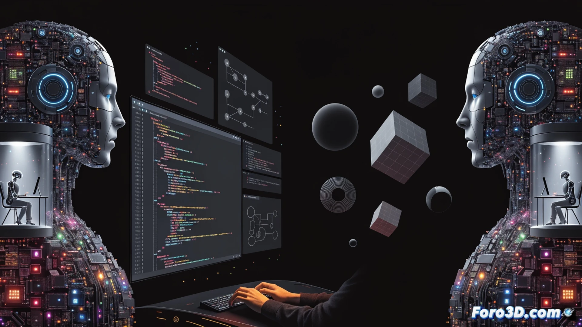 Developer workstation with dual monitors, left screen showing Qt Creator 20 interface with AI assistant panel suggesting code completions in real time, right screen displaying Claude Code terminal output and GitHub Copilot suggestions floating as ghost text, programmer hands typing on mechanical keyboard while Zen mode activated with minimal UI and hidden toolbars, soft ambient lighting reducing glare, code syntax highlighting in dark theme, subtle glow effects around active AI suggestions, photorealistic technical illustration, clean modern desk setup with tablet and coffee mug, ultra-detailed keyboard keys and monitor bezels, cinematic studio lighting emphasizing focus and productivity