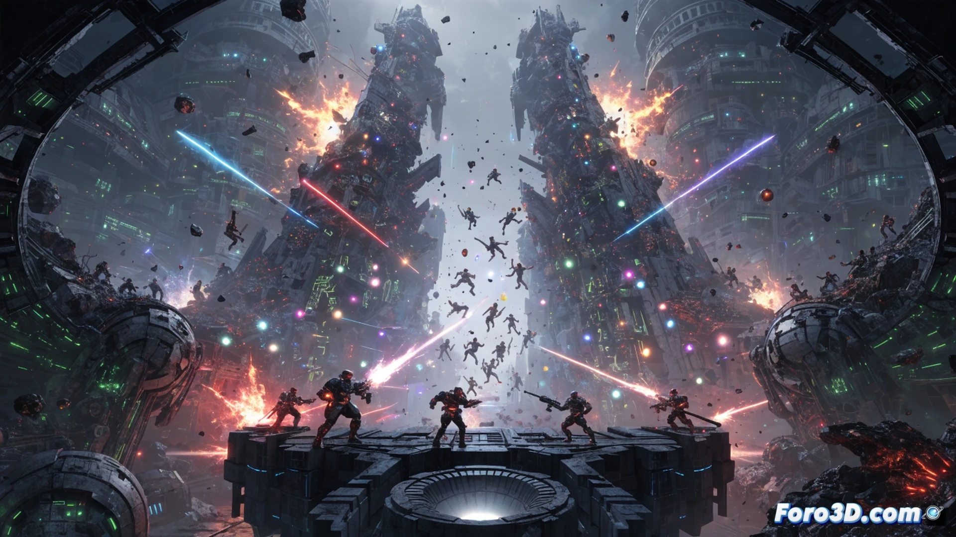 Elder gothic stone corridor collapsing into pixelated fragments, a rocket-propelled grenade mid-air trailing smoke, a player character wielding a nailgun with muzzle flash illuminating a medieval archway, fragmented 3D polygon textures dissolving into modern esports arena lights, cinematic engineering visualization, dramatic chiaroscuro lighting, motion blur on projectile trail, particle debris from crumbling stonework, glowing neon accents on retro hardware CRT monitor in background, photorealistic technical illustration