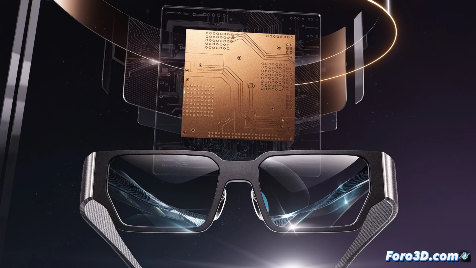 Snapdragon Reality Elite chip being inserted into an ultra-thin Xreal Project Aura smart glasses frame, polished metallic circuit board with compact thermal dissipation fins glowing faintly orange, lightweight carbon fiber temple arms, holographic AI interface floating above the lens showing real-time data streams, dramatic side-angle engineering visualization, photorealistic technical illustration, cool blue and amber industrial lighting, extreme macro detail on micro-soldered components, sleek futuristic eyewear design, sharp depth of field
