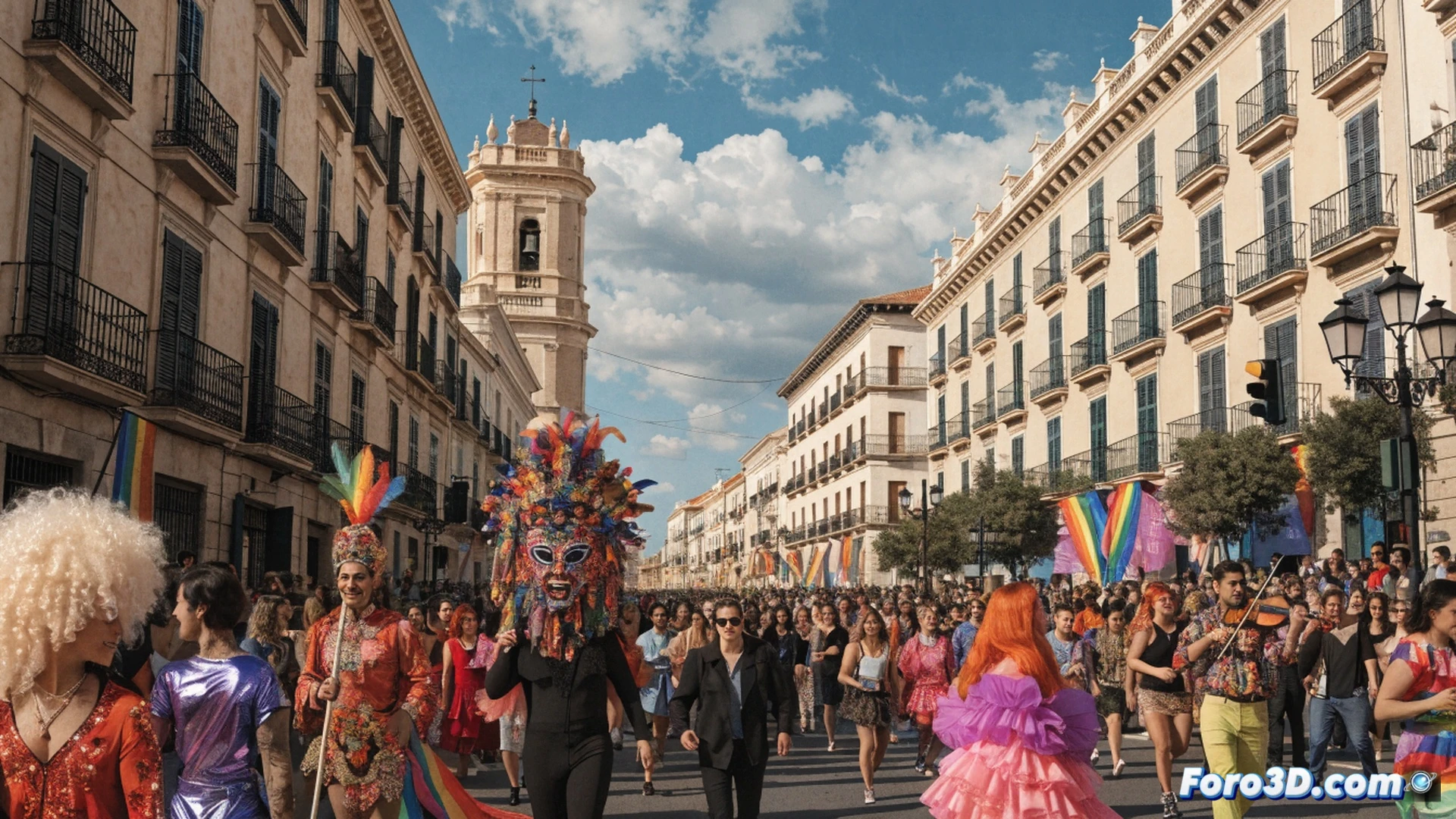 Ayuntamiento de Quart de Poblet presentando cartelera digital del Orgullo 2026, concejal señalando pantalla táctil con calendario de actividades, asistentes sosteniendo banderas arcoíris y folletos informativos, durante rueda de prensa municipal, diversidad generacional visible mientras niños escuchan cuentacuentos junto a pantallas de exposición, estilo fotorealista cinematográfico, iluminación cálida de sala polivalente, banderas ondeando suavemente, texturas de papel y plástico en materiales promocionales, composición amplia mostrando interacción comunitaria, tonos vibrantes y acogedores