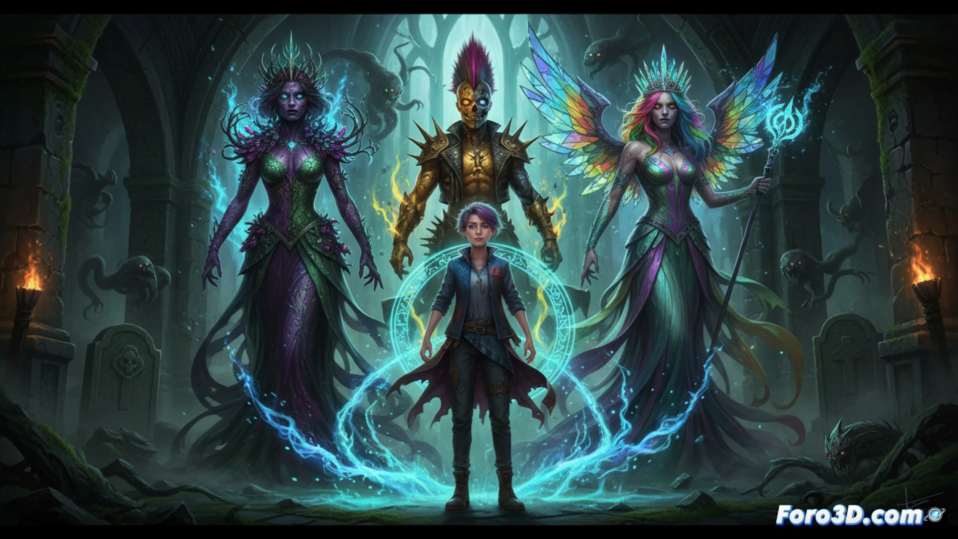 adolescent nonbinary character Barnaby summoning undead queens from a glowing crypt portal in a dark forest, three spectral queens emerging with tattered royal robes and crowns, one queen reaching toward a missing friend’s pendant on the ground, while a laptop on a mossy rock displays a digital summoning interface with glowing circuit lines, cinematic horror illustration, eerie green and purple magical light, cobweb-covered trees, dynamic action pose, Barnaby’s hand raised with arcane symbols, ultra-detailed supernatural textures, dramatic shadow contrast, photorealistic fantasy render