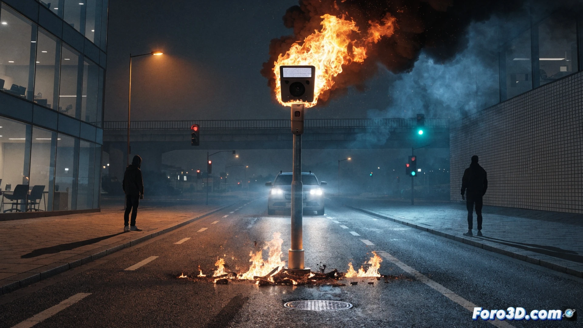 urban street scene at night, radar speed sign with shattered glass and flames rising from its base, smoke billowing upward, a masked figure in dark clothing throwing a can of gasoline onto the device, sparks and fire spreading across the electronic display, glowing orange embers reflecting on the asphalt, nearby crosswalk and traffic lights visible in the background, photorealistic cinematic style, dramatic low-angle shot, heavy shadows, high contrast lighting, intense action frozen in time, detailed textures of melted plastic and scorched metal, realistic fire simulation, technical illustration of vandalism consequences