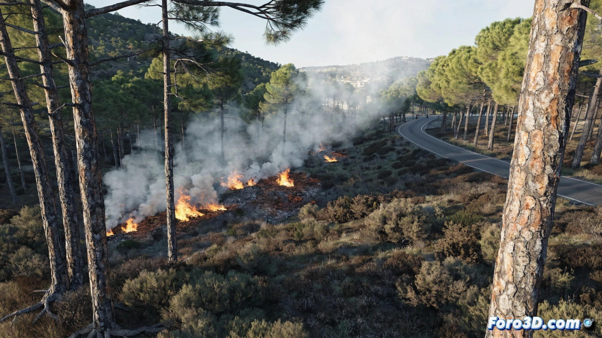 Técnicos forestales realizando quema controlada en pendiente rocosa con vegetación seca, dos trabajadores con sopladores de llama y mochilas extintoras, humo gris ascendiendo en capas, pinos adultos al fondo junto a viviendas blancas y paseo peatonal, suelo con maleza carbonizada y franjas negras de avance del fuego, equipo de protección naranja y cascos, luz natural de atardecer, estilo cinematográfico realista, alta definición, textura de ceniza y brasas visibles, atmósfera de seguridad controlada, profundidad de campo con montañas al horizonte.