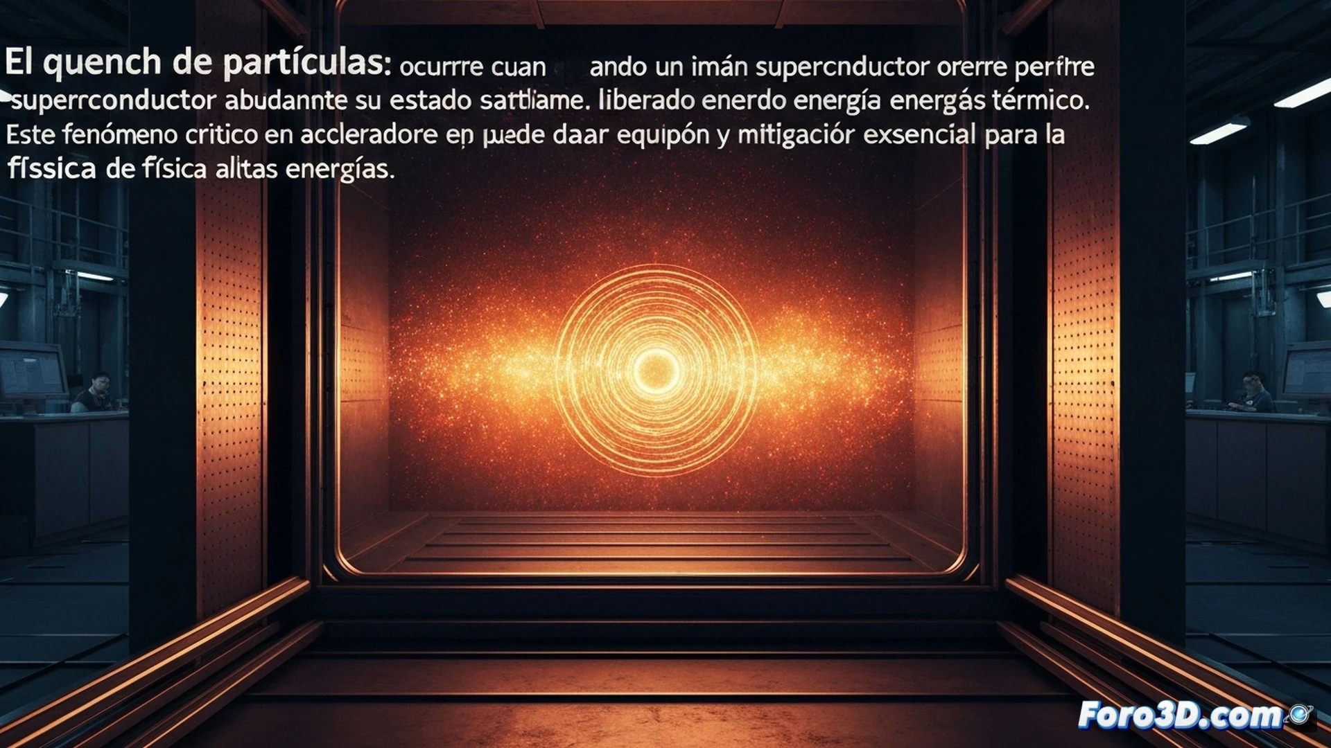superconducting magnet coil array in a particle accelerator tunnel, sudden quench event occurring, bright thermal energy burst radiating from a central magnet, liquid helium boiling violently into white vapor clouds, nearby copper stabilization plates glowing red-hot, visible stress cracks forming on insulation layers, technical engineering visualization, dramatic high-contrast lighting, industrial metallic surfaces with condensation, extreme close-up of energy release, photorealistic scientific render, cinematic action freeze-frame