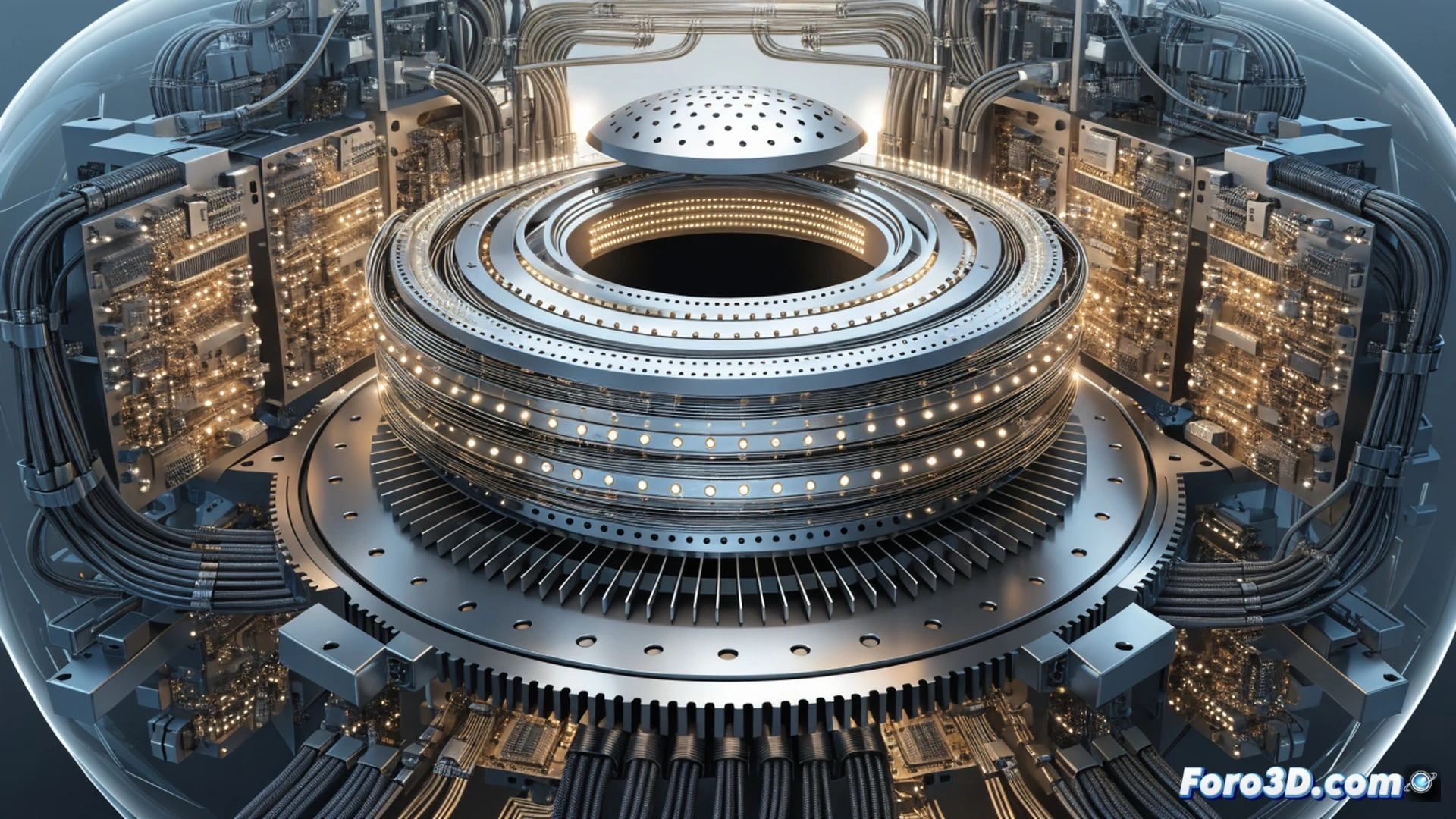 photorealistic technical illustration of a quantum computer core, qubit array suspended in vacuum chamber with laser cooling beams, error correction signals pulsing through fiber optic cables, real-time data streams flowing to cloud servers, glowing blue ion traps arranged in hexagonal lattice, holographic interface showing error rate dropping to zero, cinematic engineering visualization, dramatic low-key lighting with cyan highlights, metallic precision components, vacuum chamber walls reflecting faint purple glow, ultra-detailed hardware, futuristic lab environment