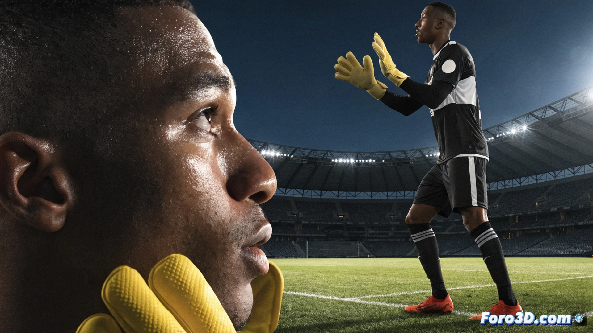 goalkeeper diving to catch a soccer ball during a match, defensive wall of players in background, stadium floodlights casting dramatic shadows, grass blades scattering from impact, cinematic sports photography style, dynamic motion blur on ball trajectory, high-contrast lighting on goalkeeper jersey, photorealistic action scene, wide-angle lens perspective, intense competitive atmosphere, detailed facial expression of concentration