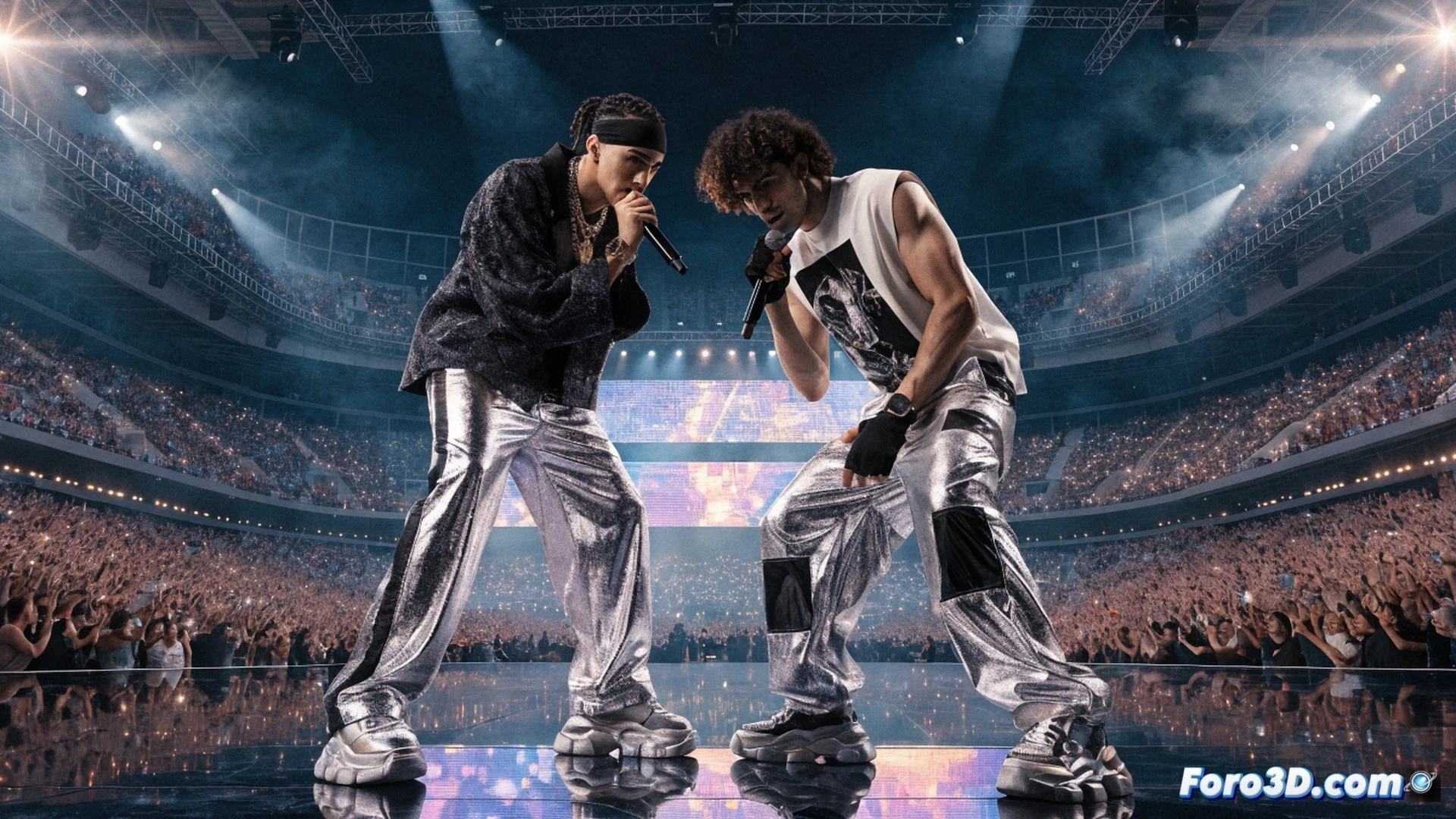 Reggaeton concert stage at Metropolitano stadium, Bad Bunny and Quevedo performing together under massive LED screens, microphone stands with glowing ring lights, crowd waving phone flashlights creating sea of light points, smoke machines releasing haze around spotlights, audio mixing console visible at front of stage with faders and knobs, wireless in-ear monitors on performers, dramatic cinematic lighting with blue and purple beams cutting through smoke, photorealistic concert photography style, high contrast shadows, ultra-detailed textures on clothing and stage equipment