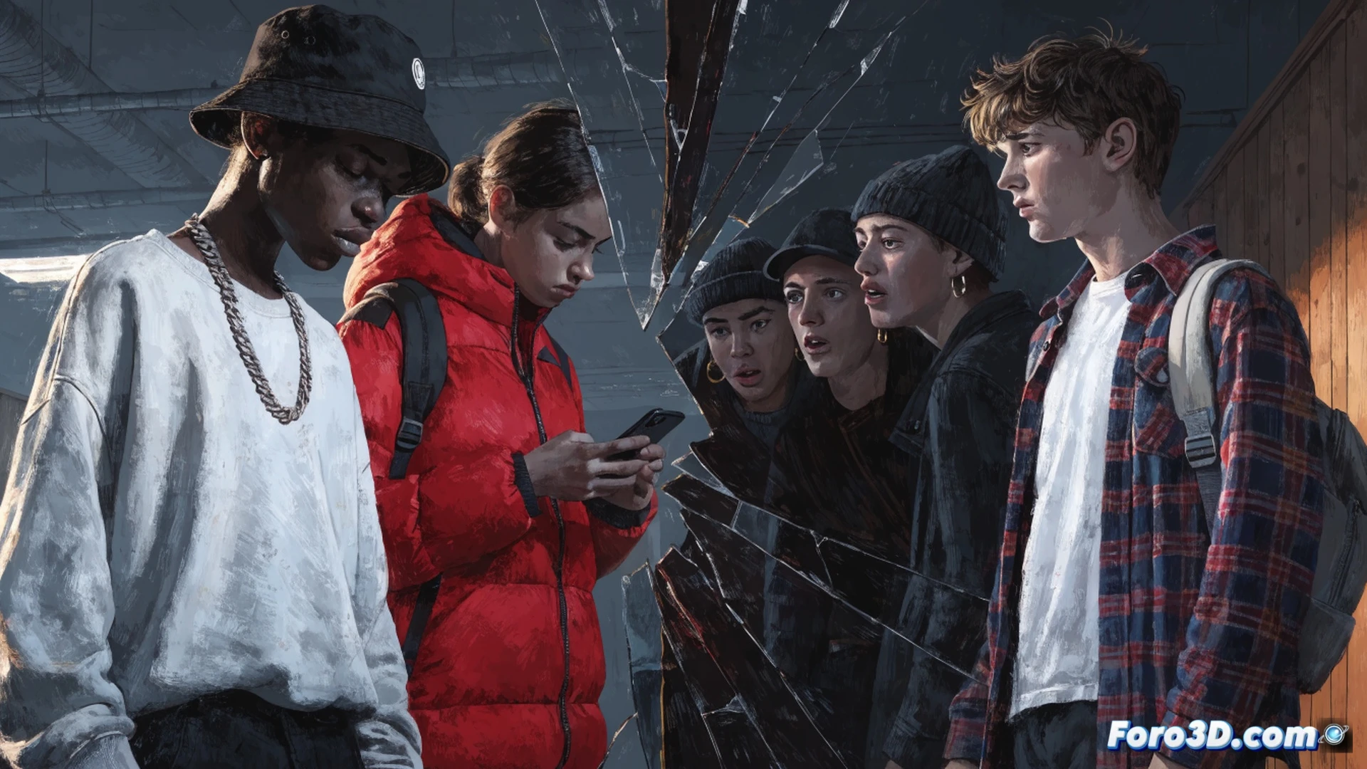 young people in a French urban classroom holding cracked mirrors reflecting distorted faces, one student dropping a mirror piece while another turns away from a group of diverse peers, broken glass fragments on the floor showing fragmented images of racial slurs and job rejection letters, cinematic photorealistic style, dramatic chiaroscuro lighting from a single overhead lamp, muted blue and grey tones, deep shadows on faces, mirror shards creating sharp light reflections, technical detail in the glass fractures and surface textures, symbolic action of rejection and division, ultra-detailed realistic human expressions, no text anywhere in the image