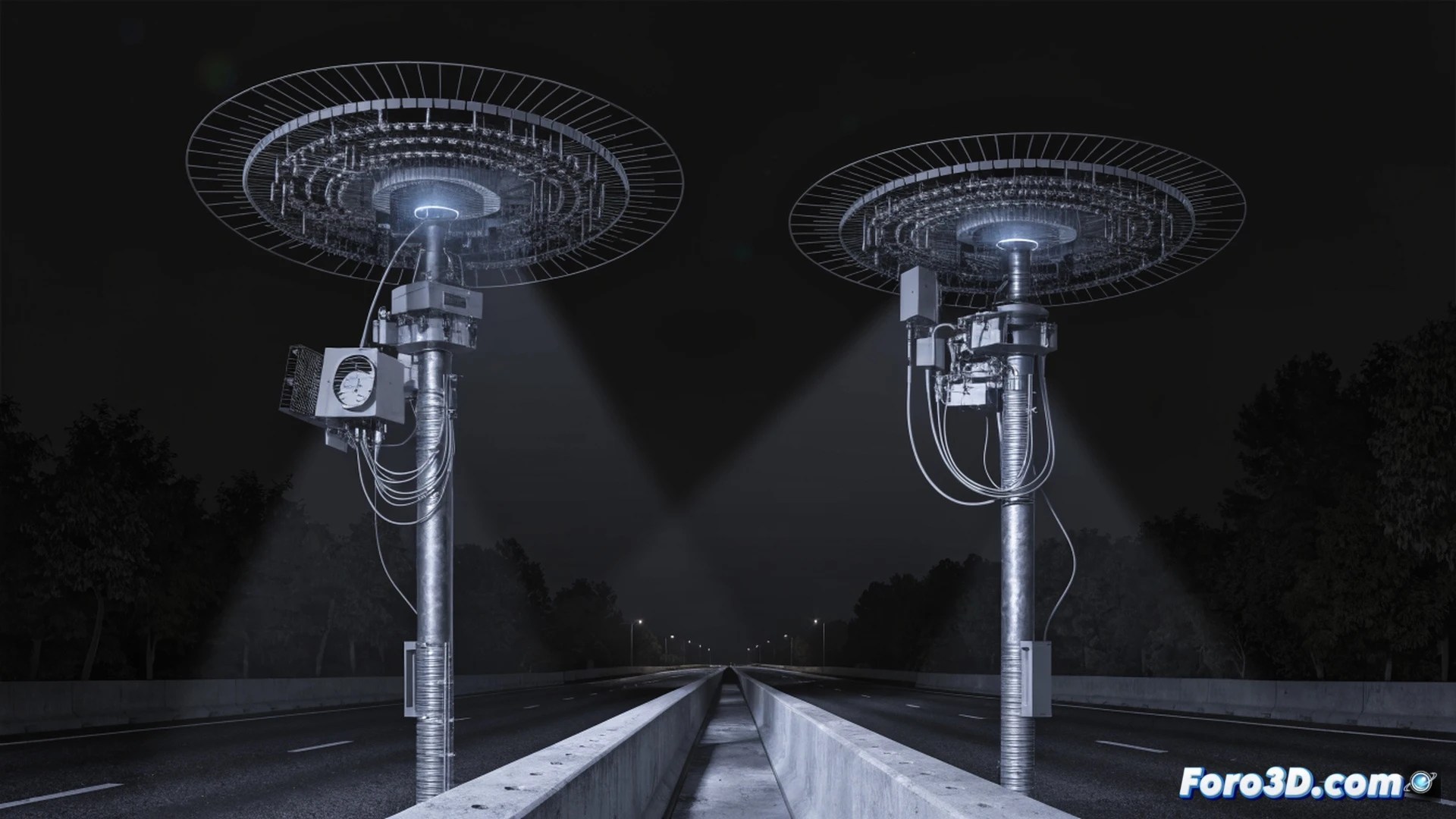 Photorealistic technical illustration of a highway at night, a silver car driving the wrong direction on a divided road, an elevated 3D radar unit mounted on a steel pole emitting a sweeping blue detection beam, beam intersecting the car while traffic flows correctly on opposite lanes, red warning lights flashing on the radar housing, asphalt texture, guardrails, distant mountains, cinematic dramatic lighting with dark stormy sky, high-contrast shadows, ultra-detailed antenna array and sensor components, motion blur on vehicle, engineering visualization style