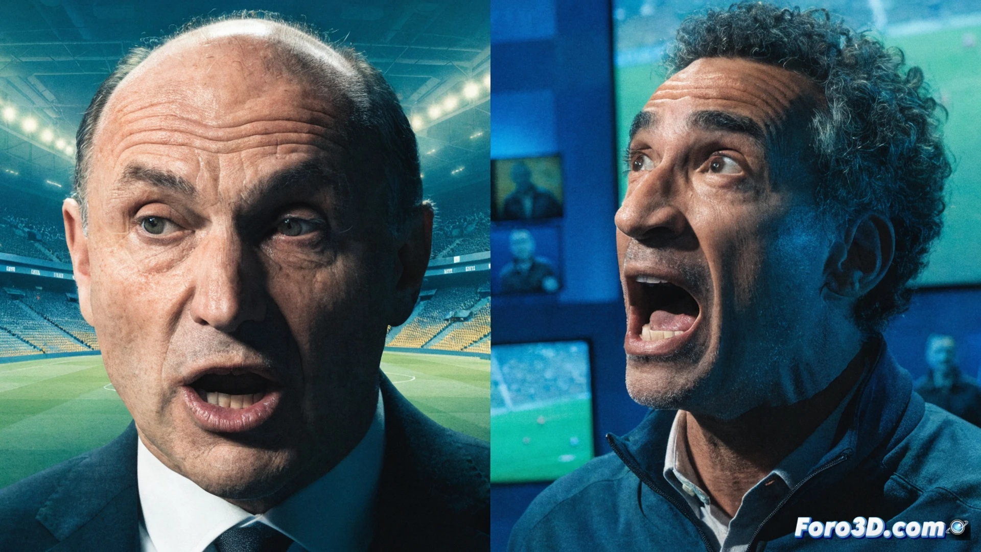 studio television set during world cup 2026 broadcast, two commentators sitting at a desk, one older white man shouting with angry expression while pointing at a tablet showing a football match, the other commentator a younger black man leaning forward with disapproving face holding a microphone, technical equipment visible: mixing console with colored faders, large monitor displaying Belgium match, broadcast camera on tripod with red tally light, red card graphic overlay on a screen behind them symbolizing penalty, dramatic studio lighting creating harsh shadows, photorealistic cinematic style, tense confrontational atmosphere, ultra-detailed skin textures and fabric wrinkles