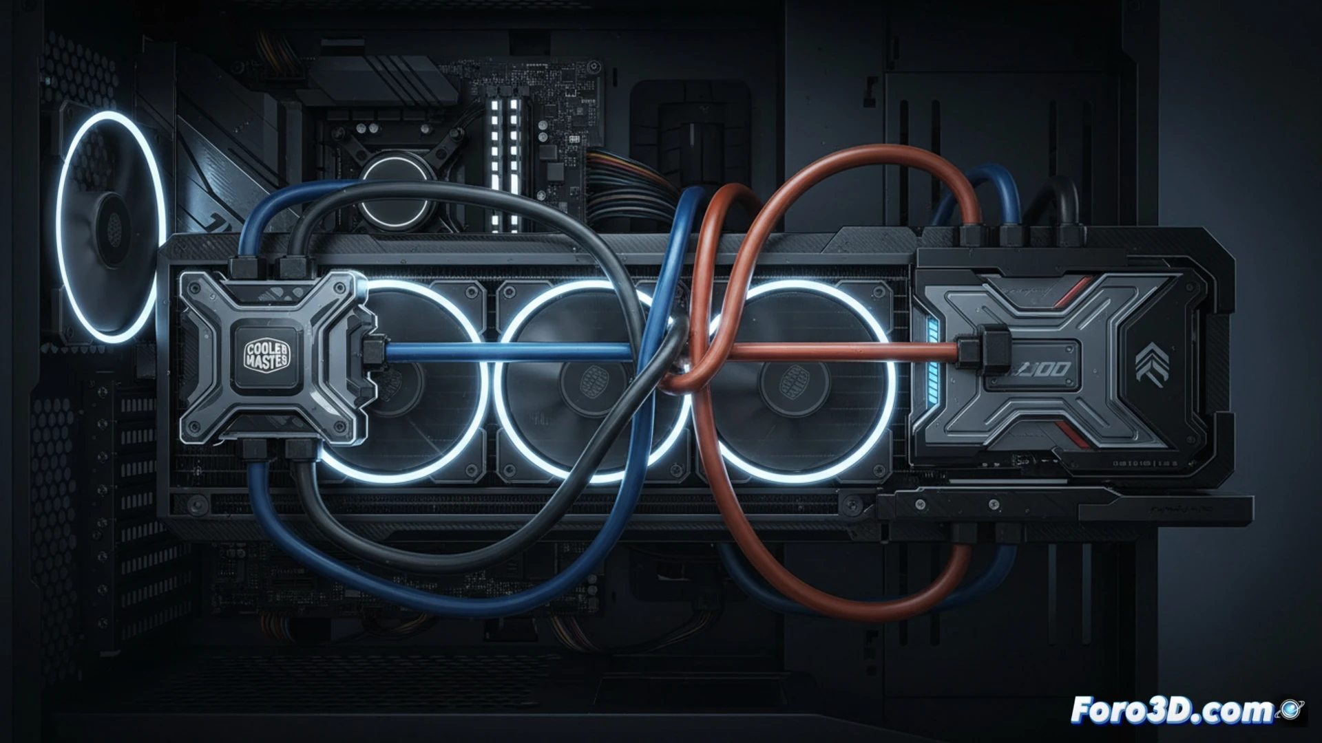 Radiador de 360mm instalado en un PC de alto rendimiento, tubos de refrigeración líquida conectando simultáneamente un procesador y una tarjeta gráfica, ventiladores girando a alta velocidad mientras un monitor muestra temperaturas extremas y un vatímetro digital marca 2000W, ingeniero señalando el exceso térmico con expresión crítica, fondo de laboratorio con herramientas de medición y placas base desmontadas, estilo cinematográfico de ilustración técnica, iluminación industrial dramática, reflejos metálicos en los bloques de cobre, vapor de nitrógeno líquido alrededor de los componentes, photorealistic engineering visualization, ultra-detailed